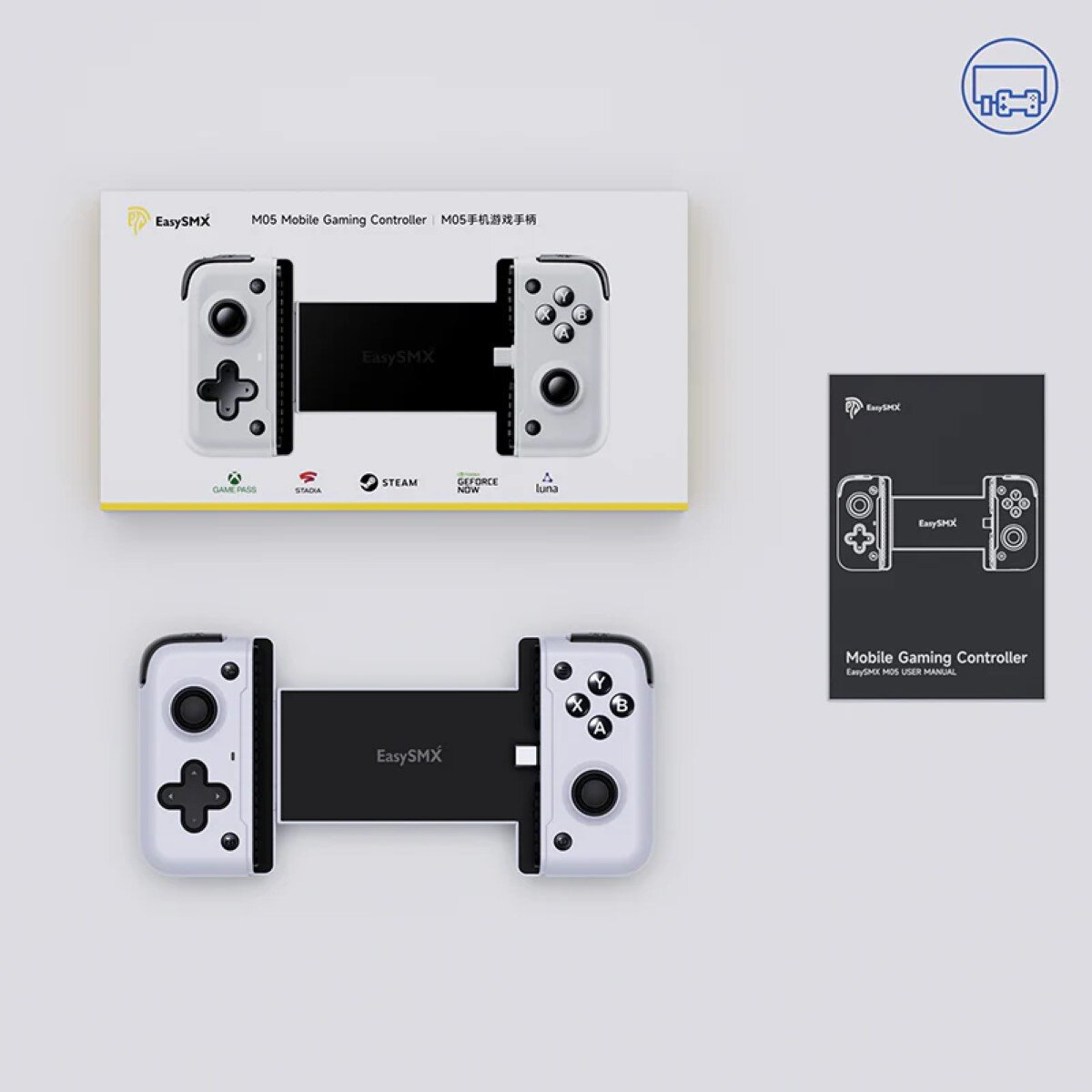 A white and black EasySMX mobile gaming controller is displayed, along with its packaging and user manual, on a light background.