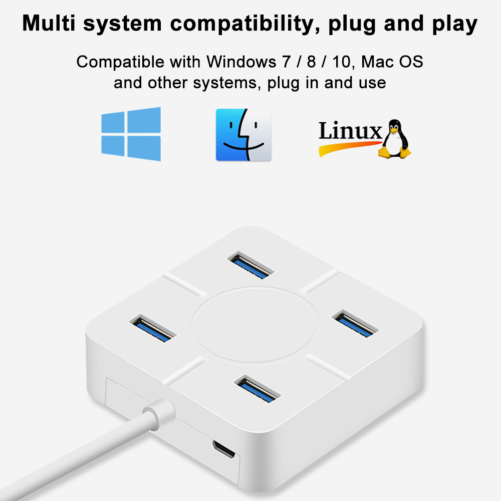 Ein weißer USB-Hub mit vier Anschlüssen, einem Kabel und Logos für Windows, Mac OS und Linux, was auf Kompatibilität hindeutet.