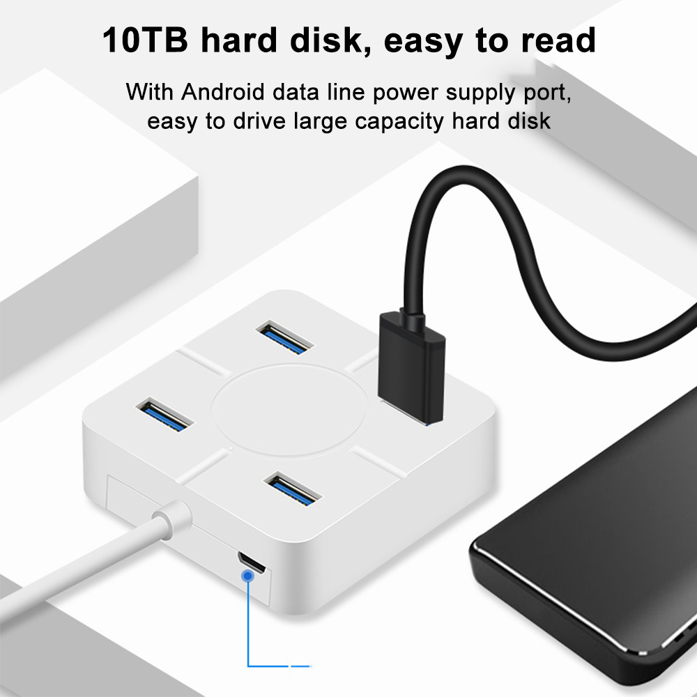 Ein weißer USB-Hub mit vier Anschlüssen, verbunden mit einem schwarzen Kabel und einer schwarzen Festplatte. Text: '10TB Festplatte, leicht zu lesen'.