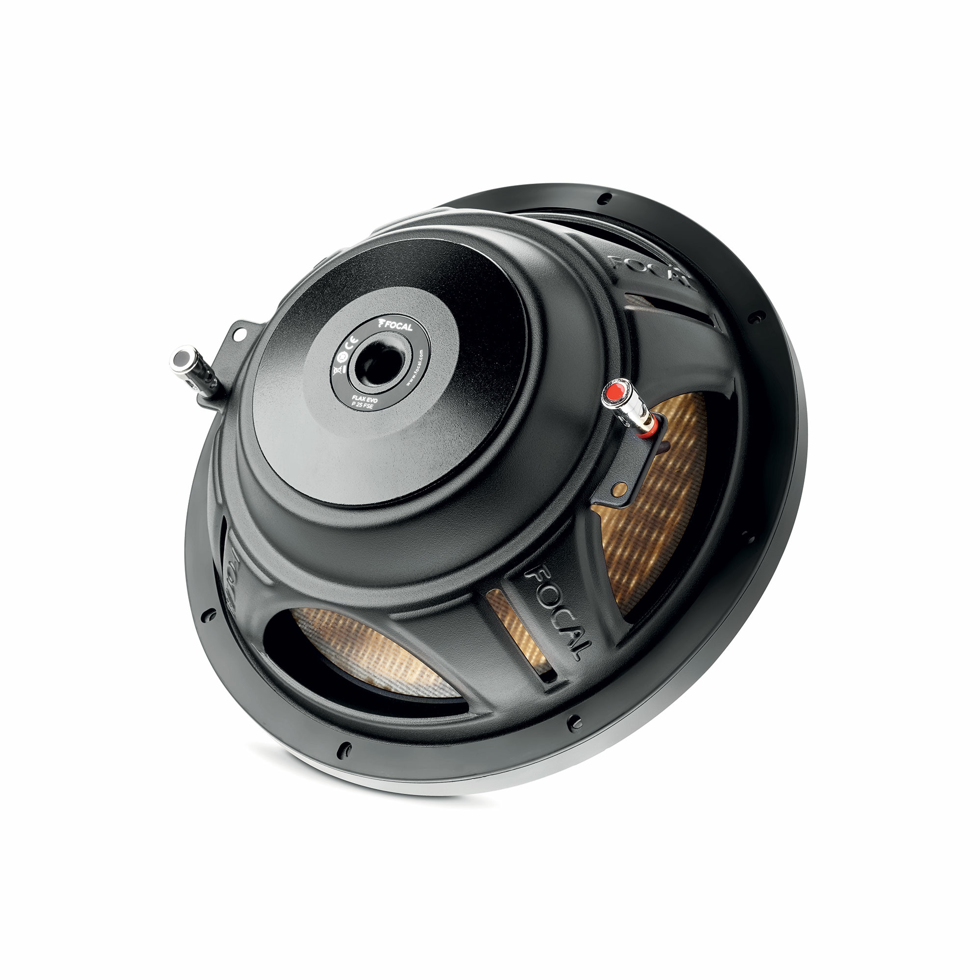 Schwarzer Focal-Subwoofer auf weißem Hintergrund. Merkmale sind ein kreisförmiges Design, Metallakzente und das Focal-Logo.