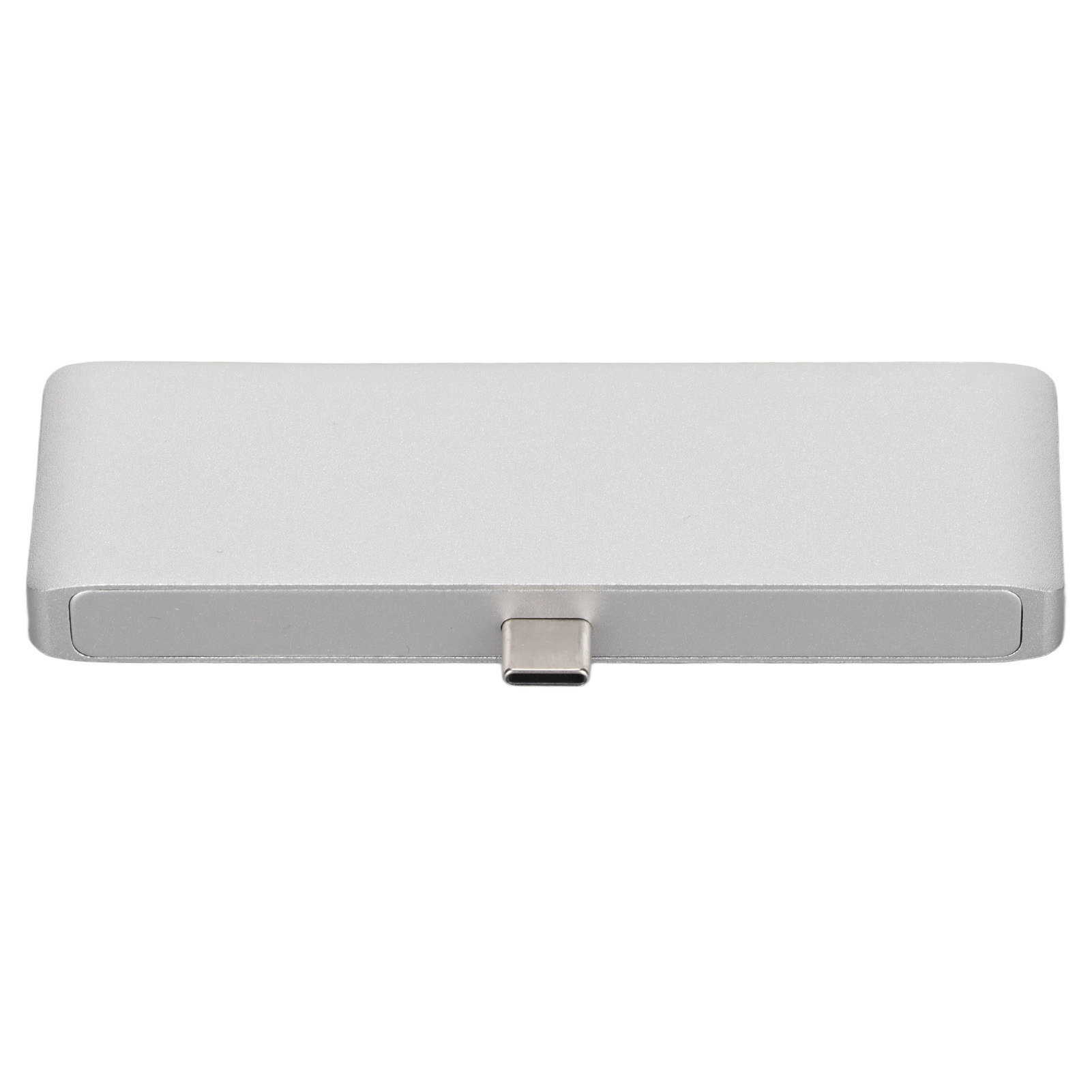 Ein silberner USB-C-Hub liegt auf weißem Grund. Er hat eine rechteckige Form mit abgerundeten Ecken und einem Anschluss.