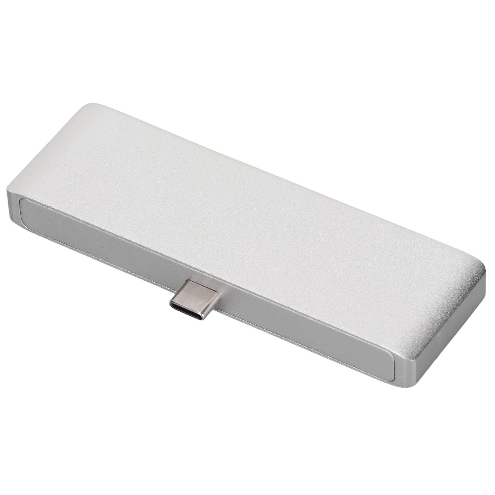 Ein silberner USB-C-Hub. Er ist rechteckig mit abgerundeten Kanten. Auf einer Seite ist ein USB-C-Anschluss zu sehen.