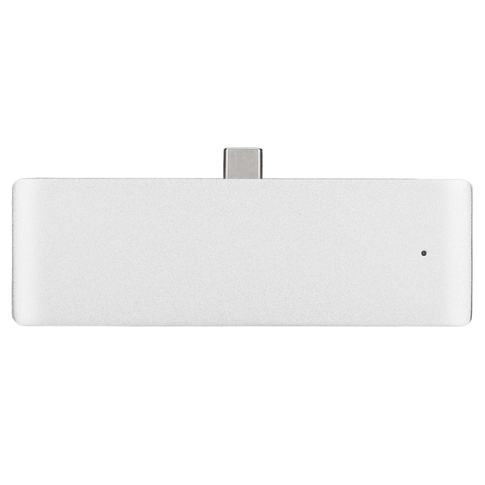 Ein silberner USB-C-Adapter. Er ist rechteckig mit einem USB-C-Anschluss an einem Ende und einem kleinen Licht an der Seite.