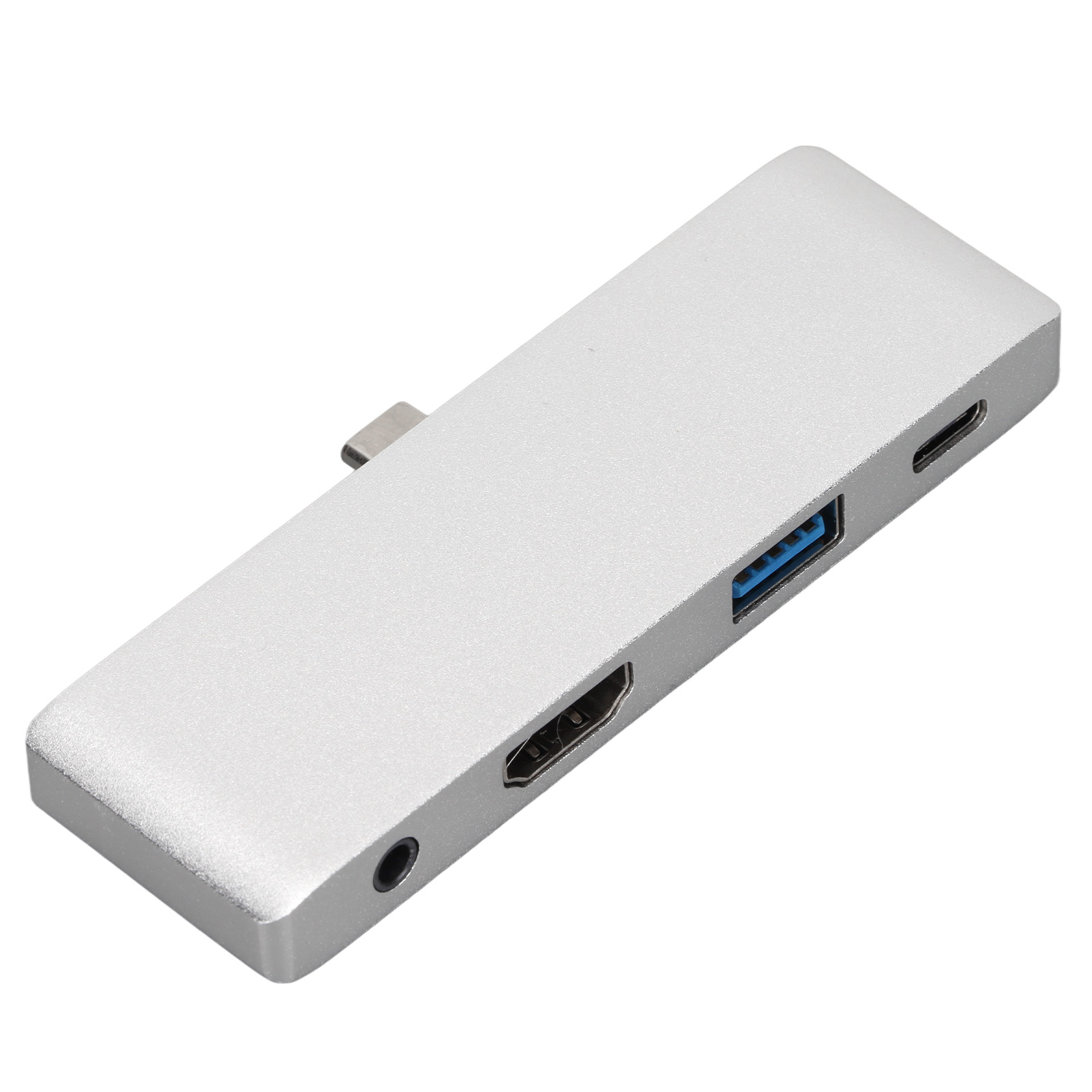 Ein silberner USB-Hub mit mehreren Anschlüssen, einschließlich USB, HDMI und Audio, auf weißem Hintergrund.