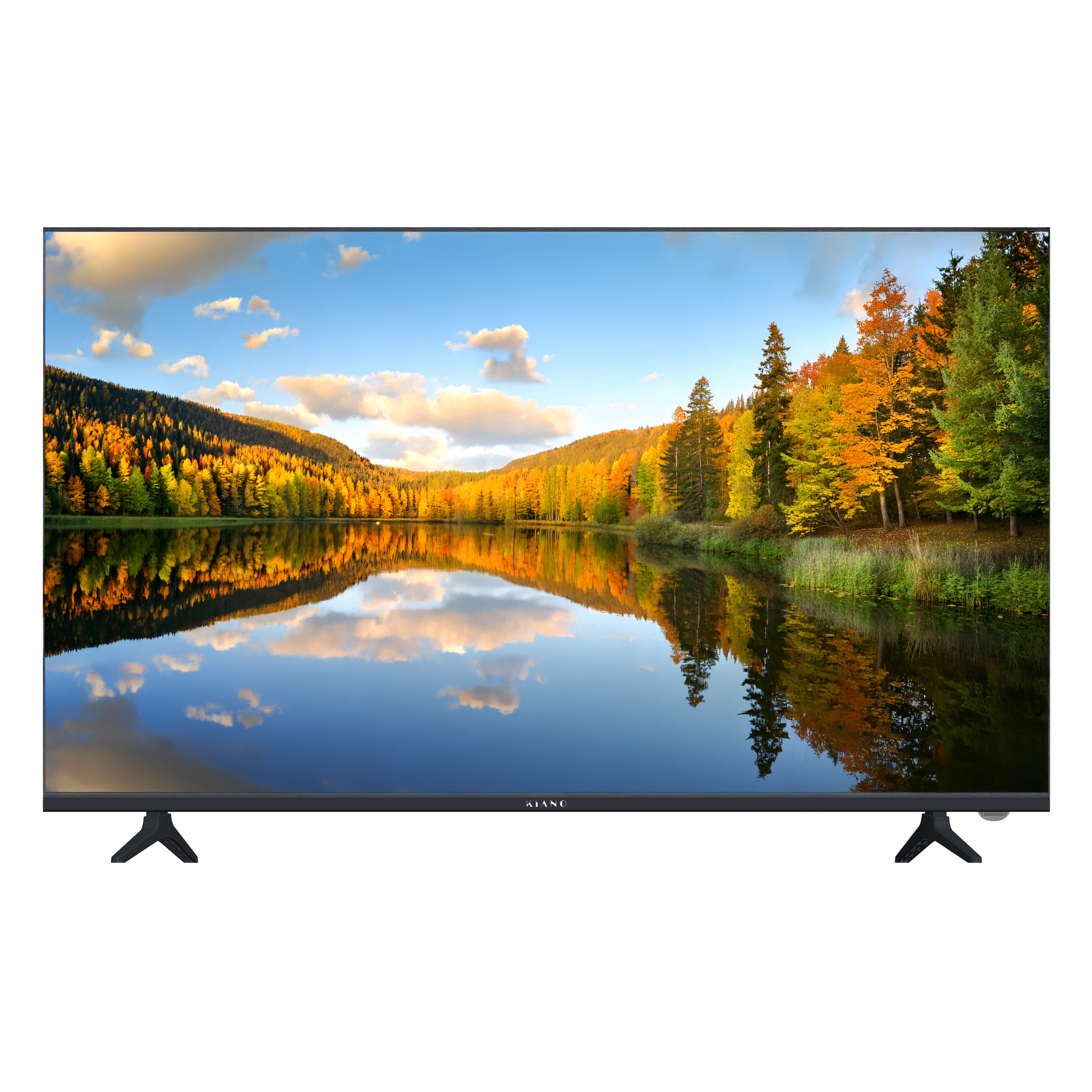 Ein Fernseher zeigt einen malerischen See mit bunten Herbstbäumen, die sich im Wasser spiegeln, unter einem bewölkten Himmel.
