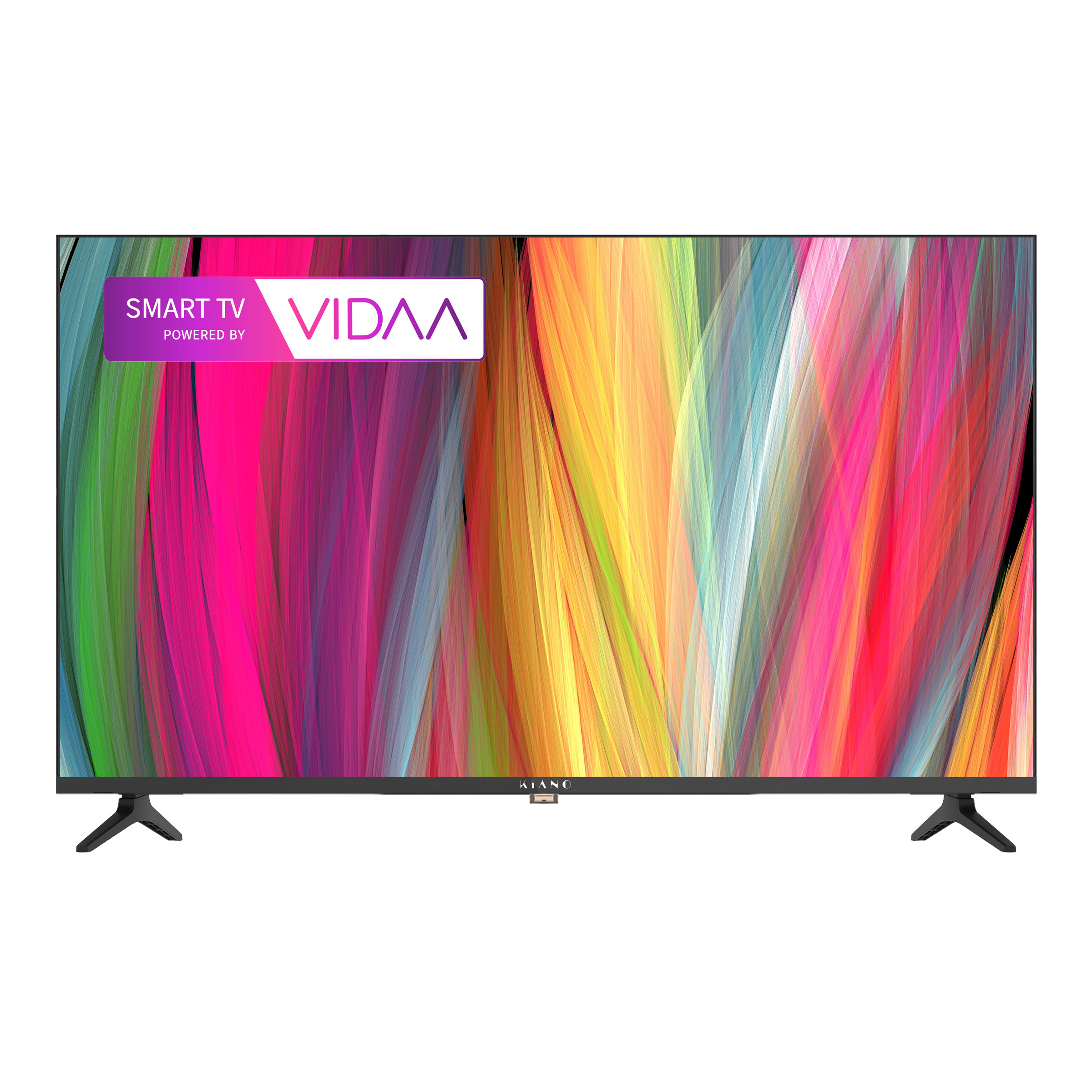 Un televisor de pantalla plana con un fondo abstracto colorido. Tiene un marco negro y un soporte.