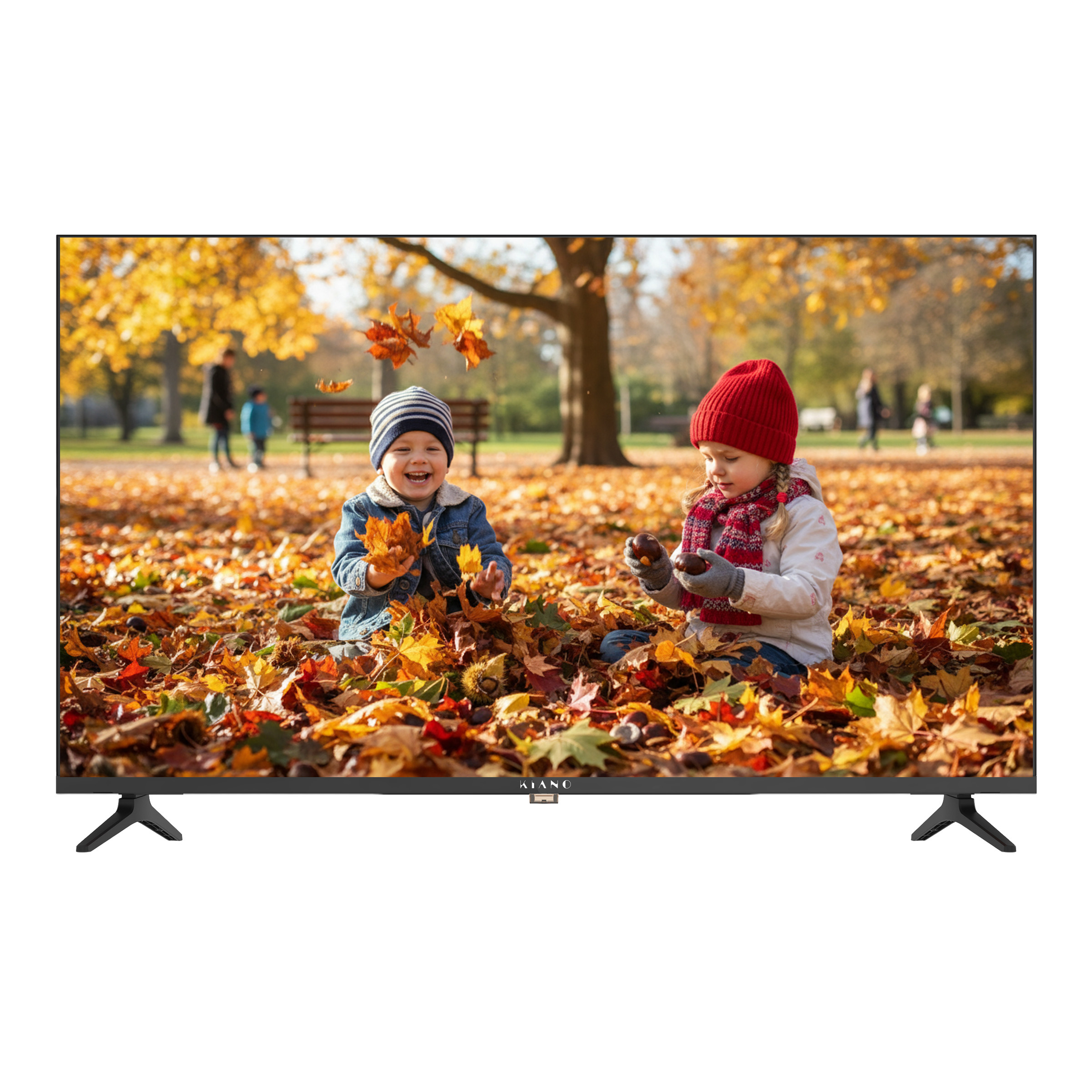 Pantalla de TV que muestra a dos niños jugando con hojas en un parque durante el otoño. Árboles y hojas al fondo.