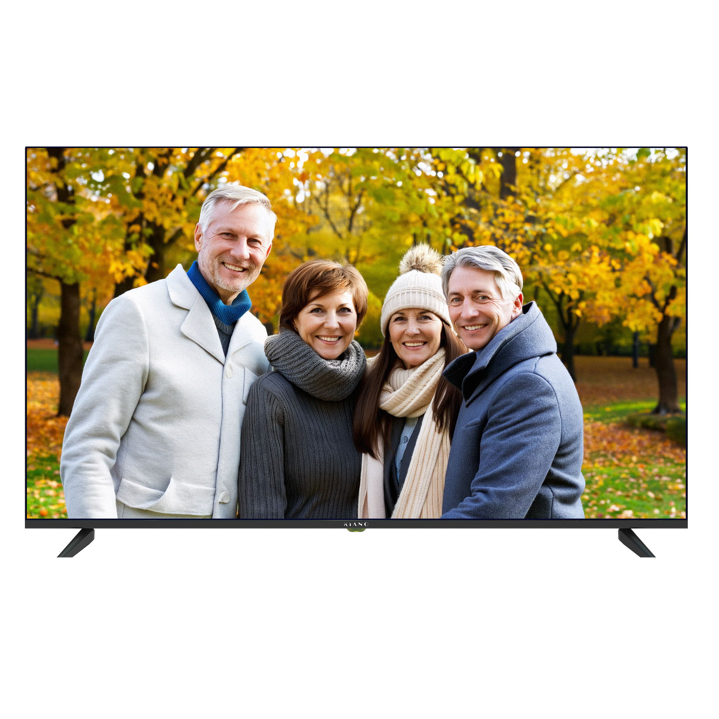 Uno schermo TV mostra quattro persone sorridenti in un parco con il fogliame autunnale. Il televisore ha una cornice e un supporto neri.