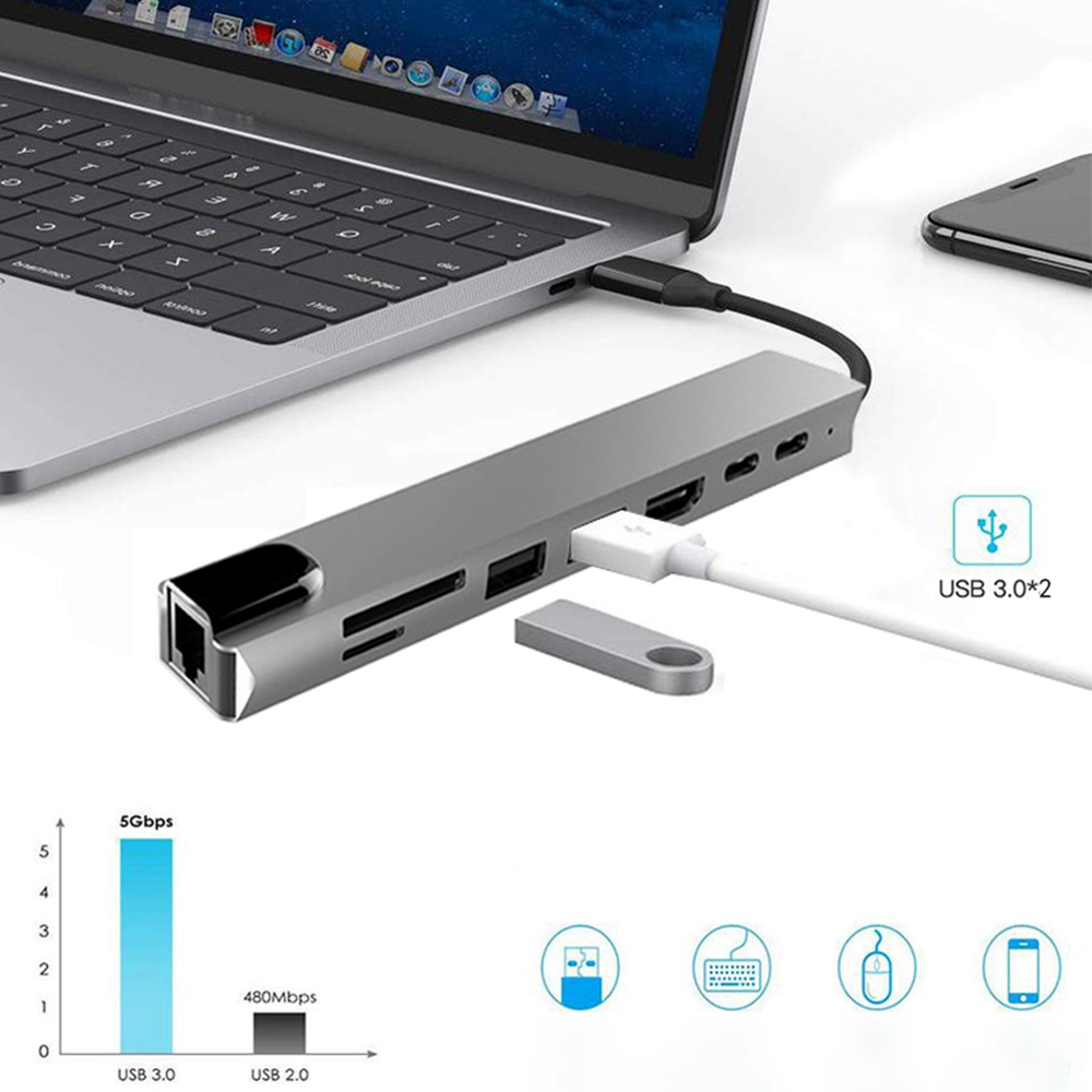 Ein Laptop ist mit einem silbernen USB-Hub verbunden, mit weißem Kabel und USB-Laufwerk. Ein Diagramm zeigt Datenübertragungsgeschwindigkeiten.