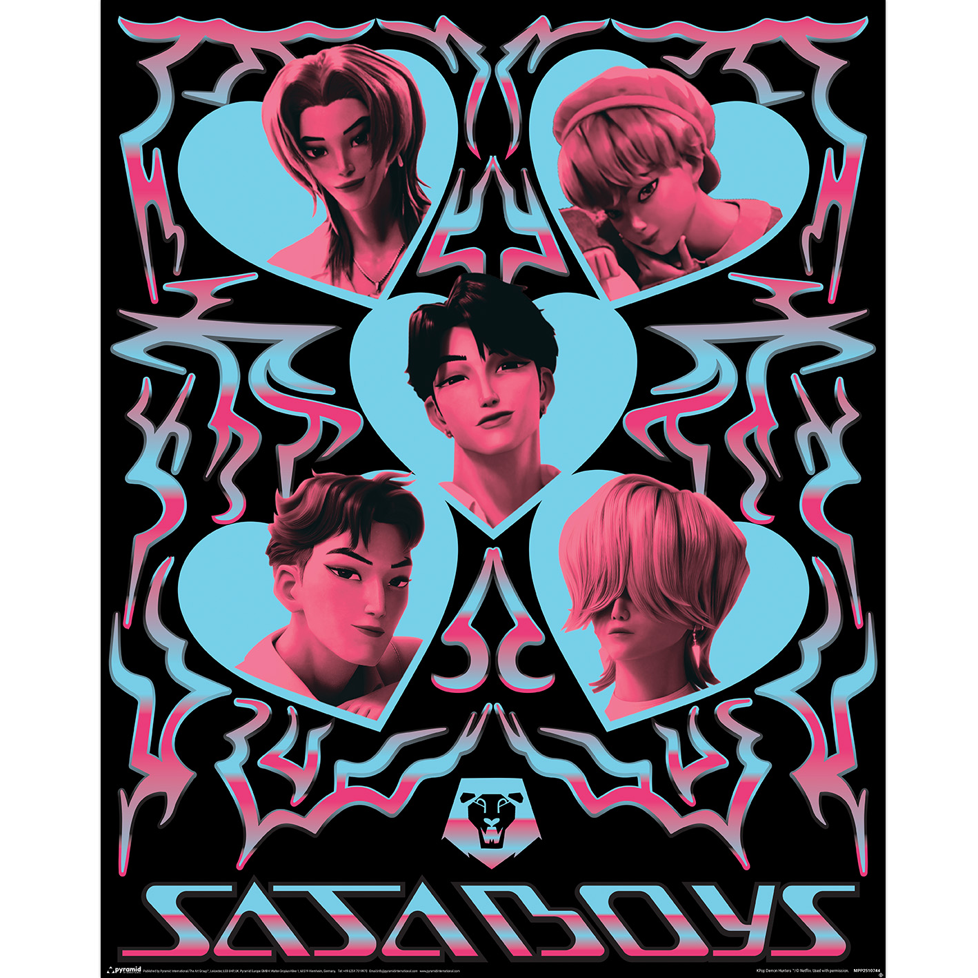 Poster mit fünf Anime-Figuren in Herzen, umgeben von rosa und blauen Neon-Designs, mit "SASABOYS" unten.