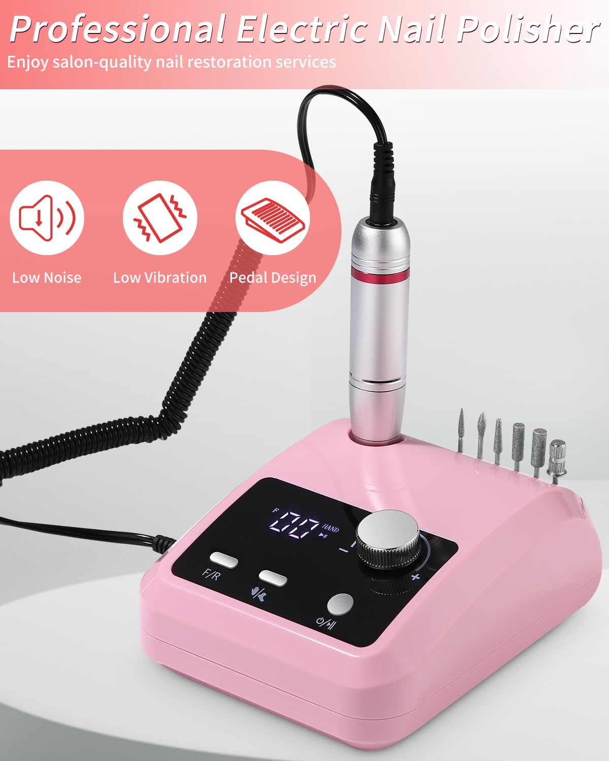Rosa Nagellack mit Aufsätzen. Merkmale: geräuscharm, vibrationsarm und Pedaldesign. Text: Professioneller elektrischer Nagelpolierer.