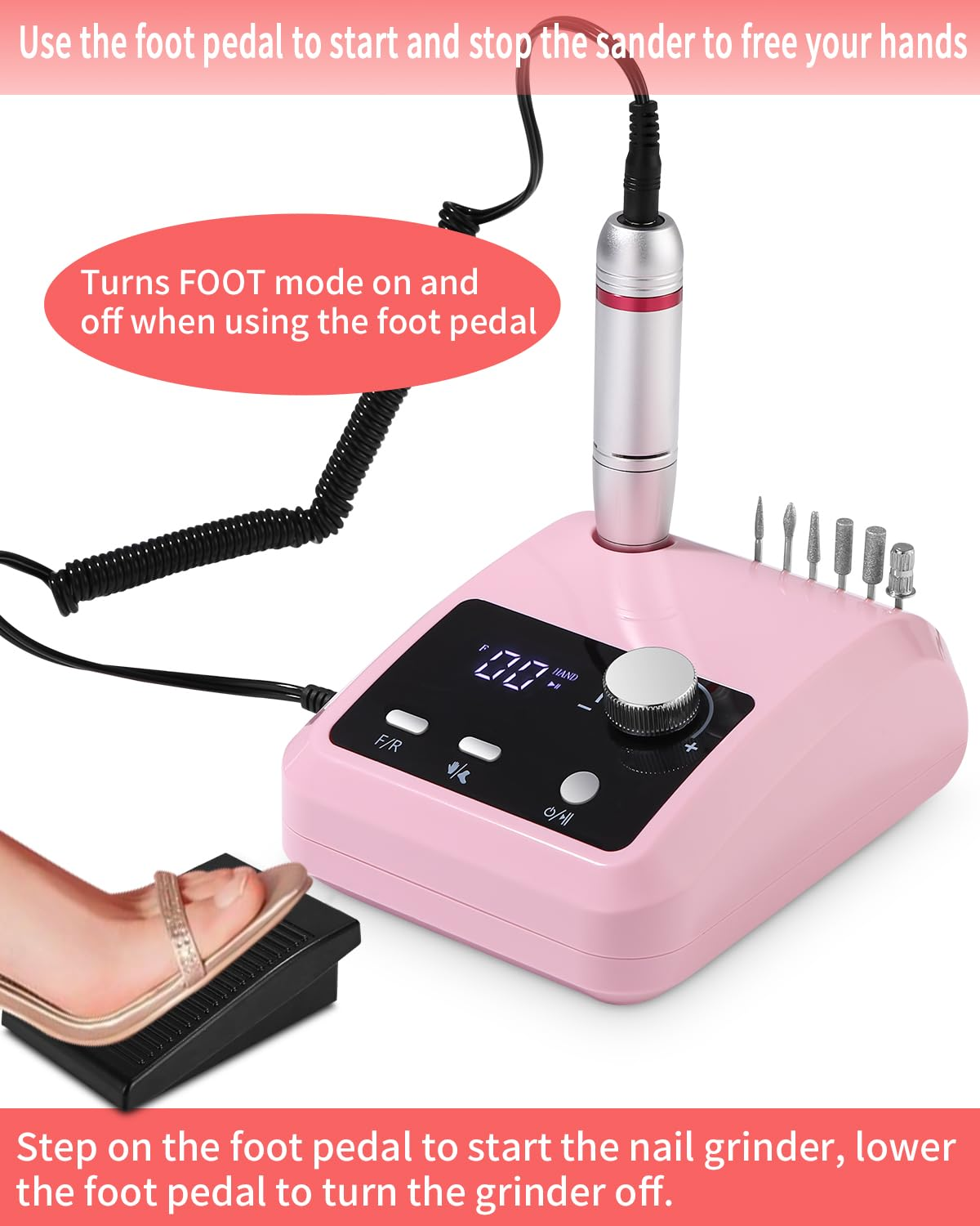 Ein rosa Nagelschleifer mit Fußpedal. Ein Fuß tritt auf das Pedal. Text erklärt, wie man das Fußpedal zum Starten und Stoppen benutzt.