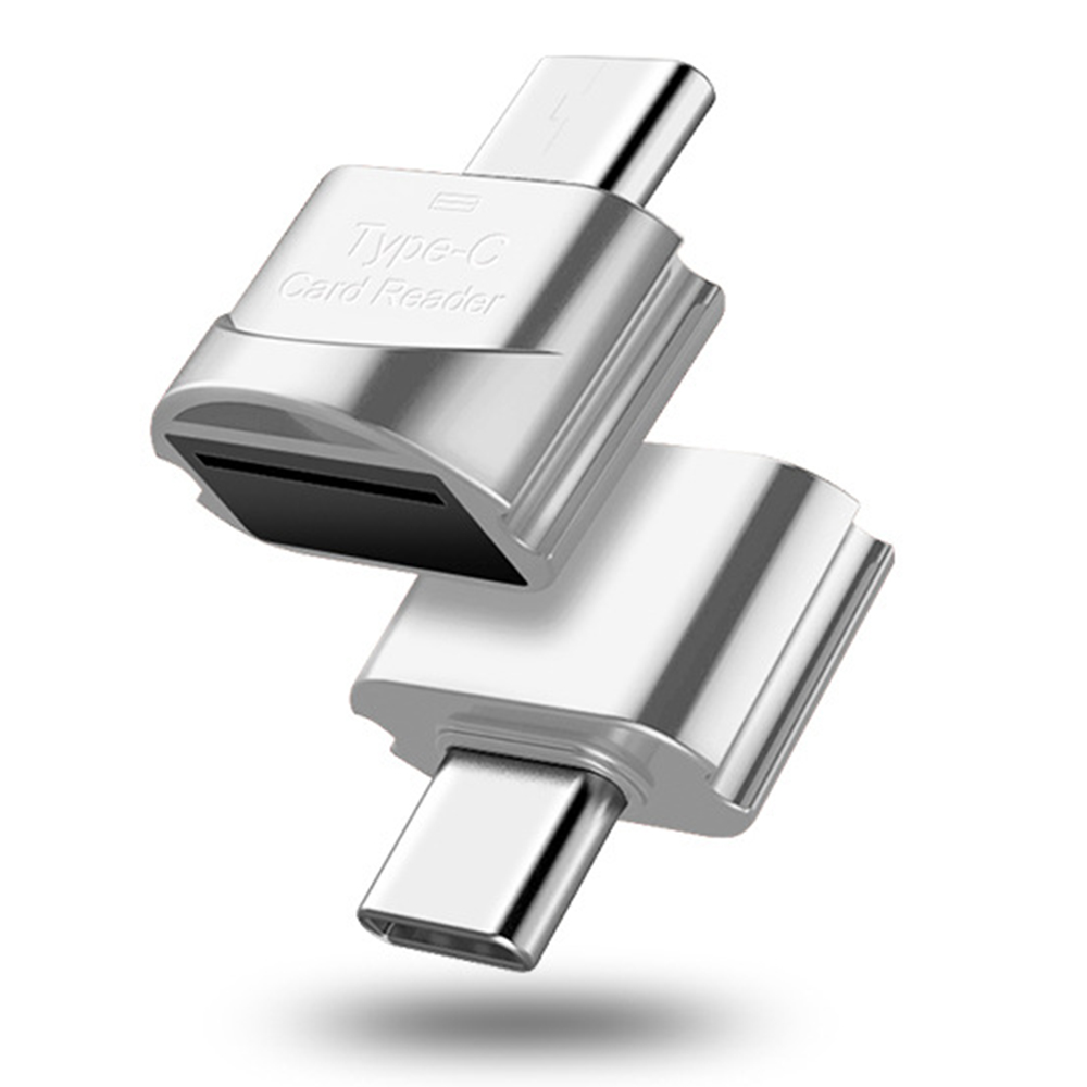 Zwei silberne Typ-C-Kartenleser werden angezeigt. Einer liegt über dem anderen, der obere ist abgewinkelt. Beide haben einen USB-C-Anschluss.
