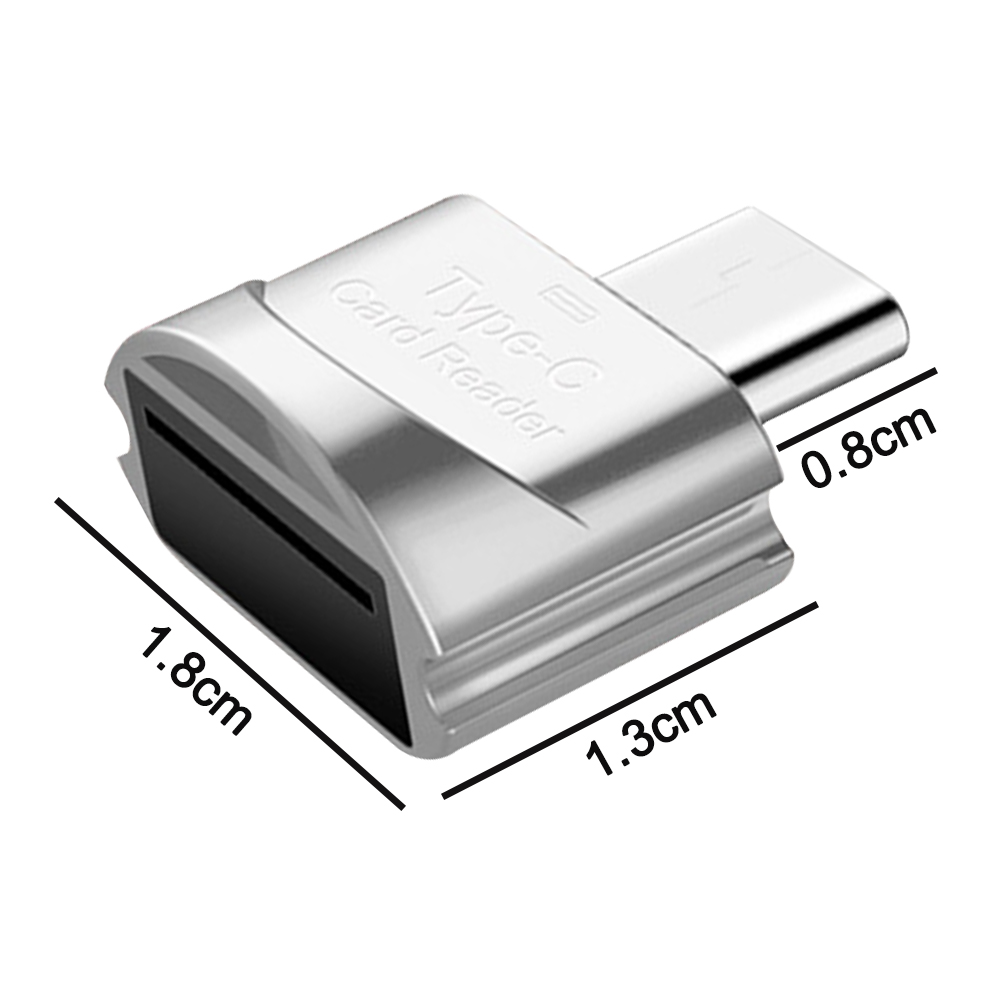 Ein silberner Type-C-Kartenleser mit den Maßen 1,8 cm, 1,3 cm und 0,8 cm. Er hat einen Steckplatz für eine Karte und die Worte 'Type-C Card Reader'.