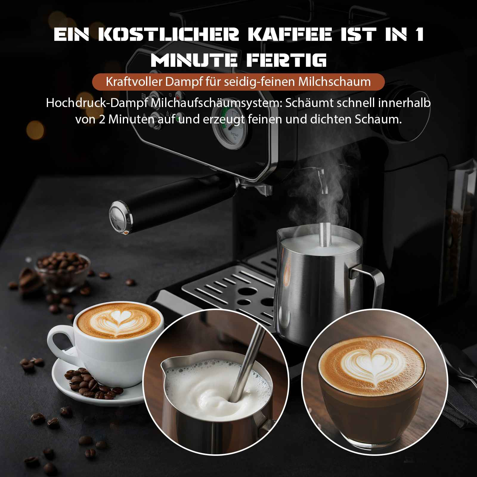 Kaffeemaschine mit Kaffeetassen, Latte Art, Milchaufschäumen und Text auf Deutsch.