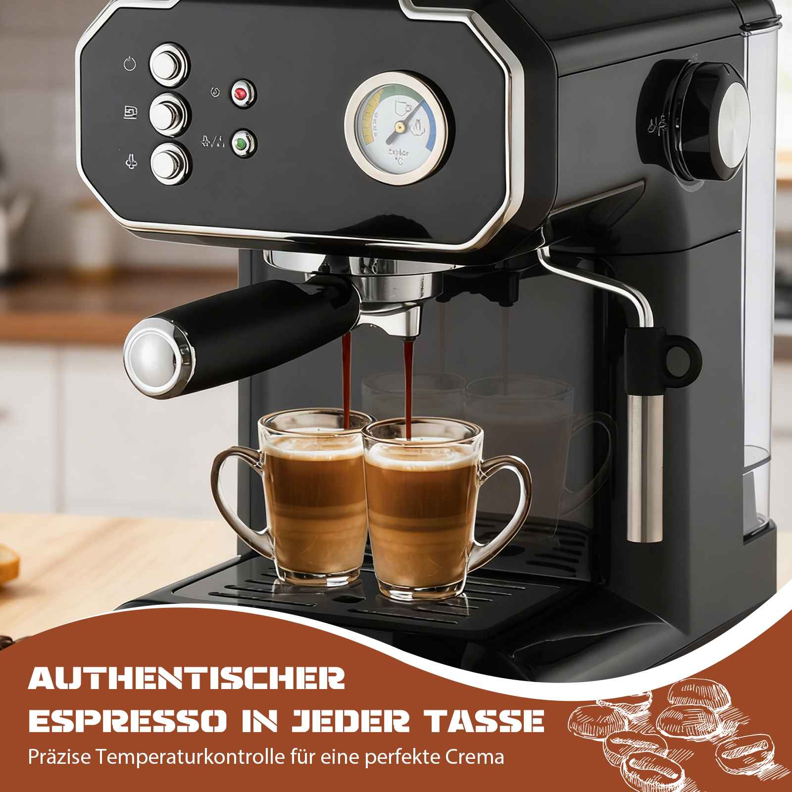 Eine schwarze Espressomaschine brüht Kaffee in zwei Glasbecher. Ein Messgerät und Knöpfe sind auf der Maschine sichtbar.