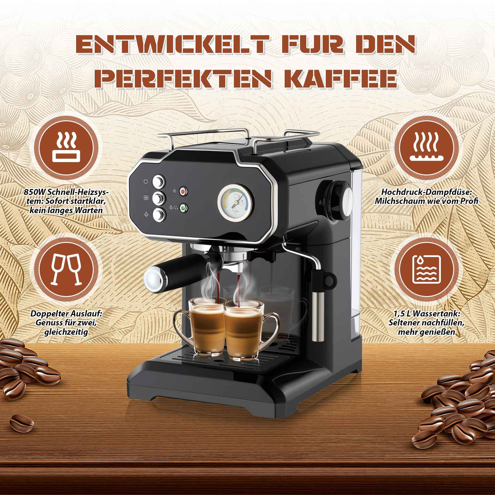 Eine schwarze Espressomaschine mit zwei Kaffeetassen. Text auf Deutsch bewirbt Funktionen wie schnelles Aufheizen und Doppelauslauf.