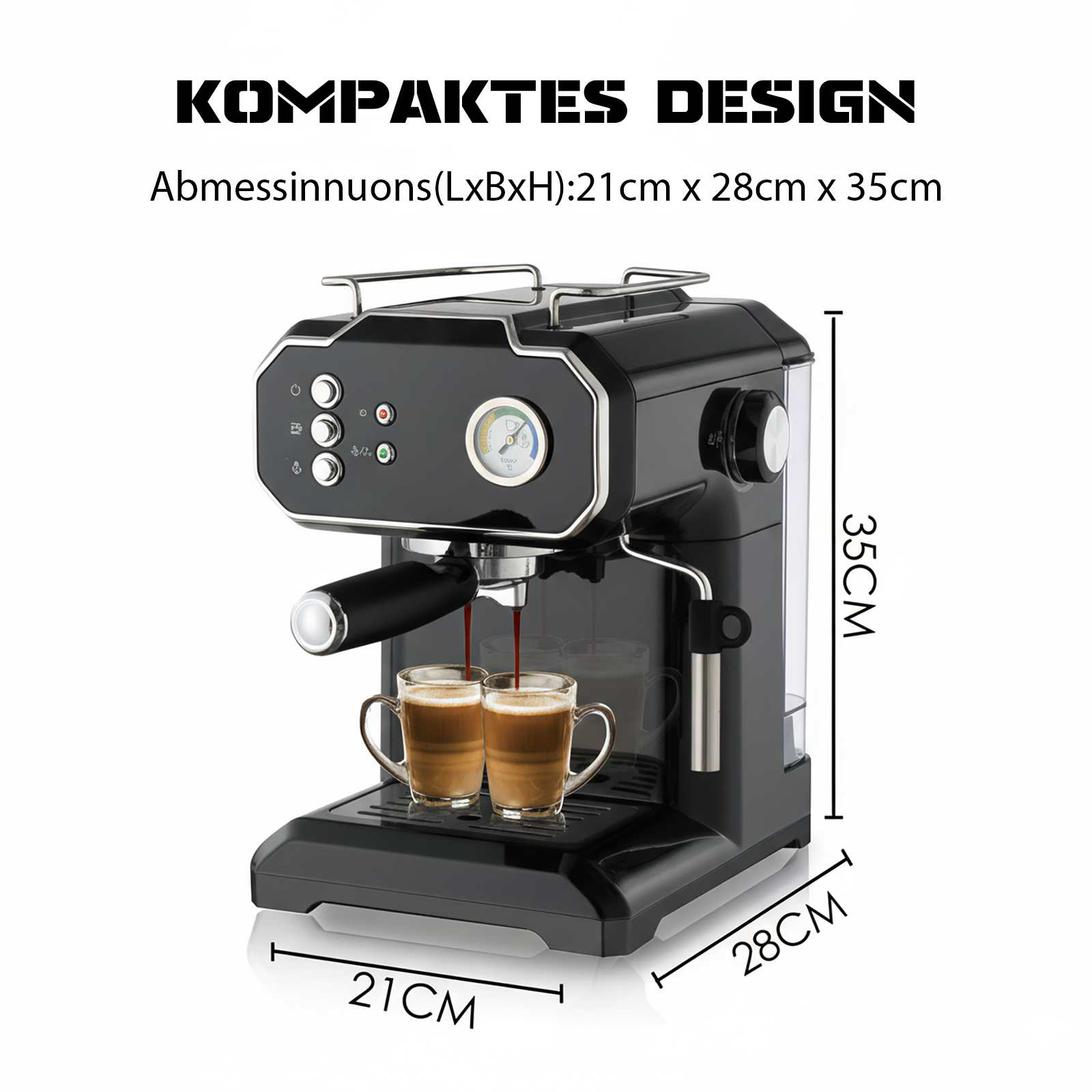 Schwarze Espressomaschine mit zwei Kaffeetassen, Abmessungen sind angegeben. Text oben: Kompaktes Design.