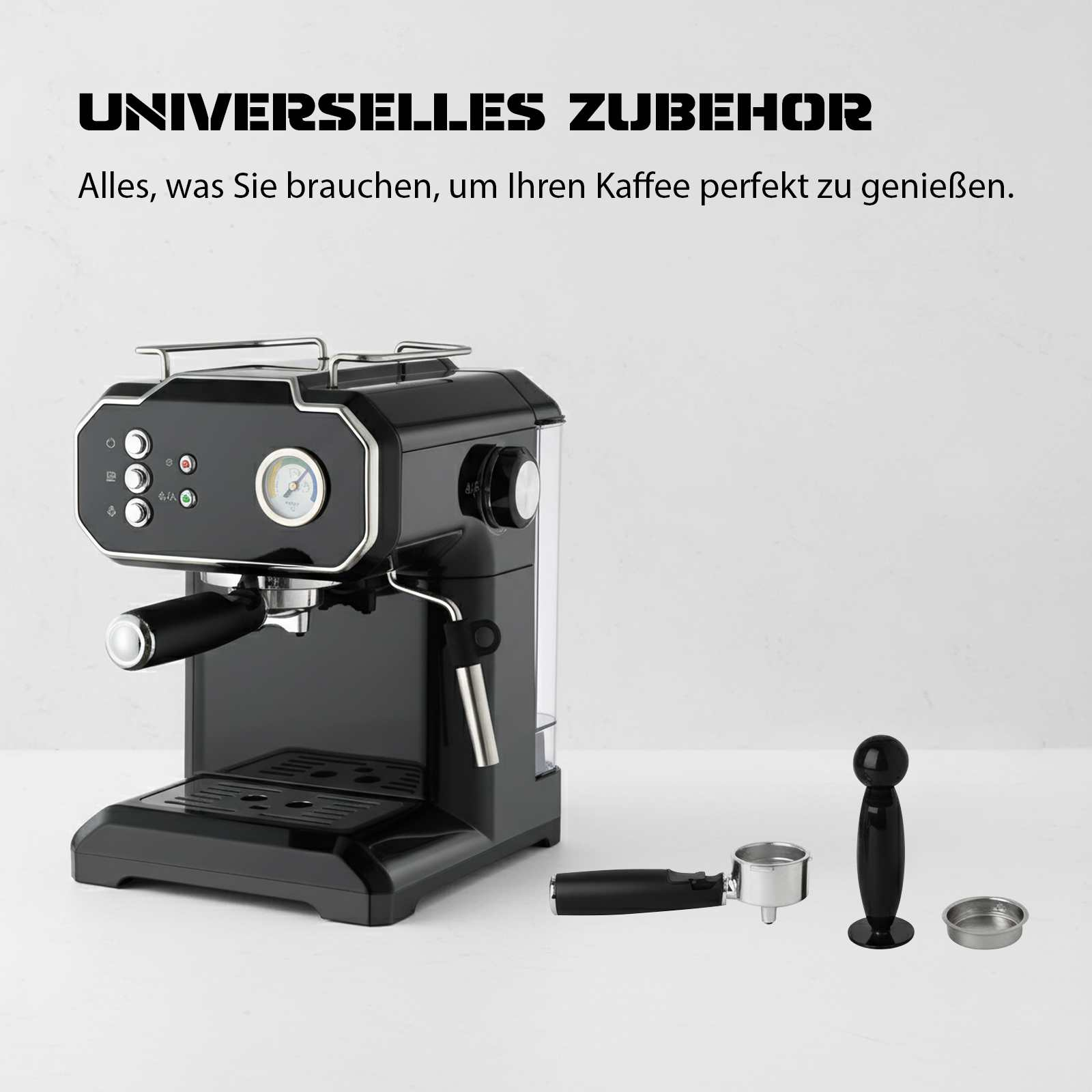 Schwarze Espressomaschine, Tamper, Siebträger und Zubehör. Text: Universelles Zubehör. Alles, was Sie brauchen, um Ihren Kaffee perfekt zu genießen.