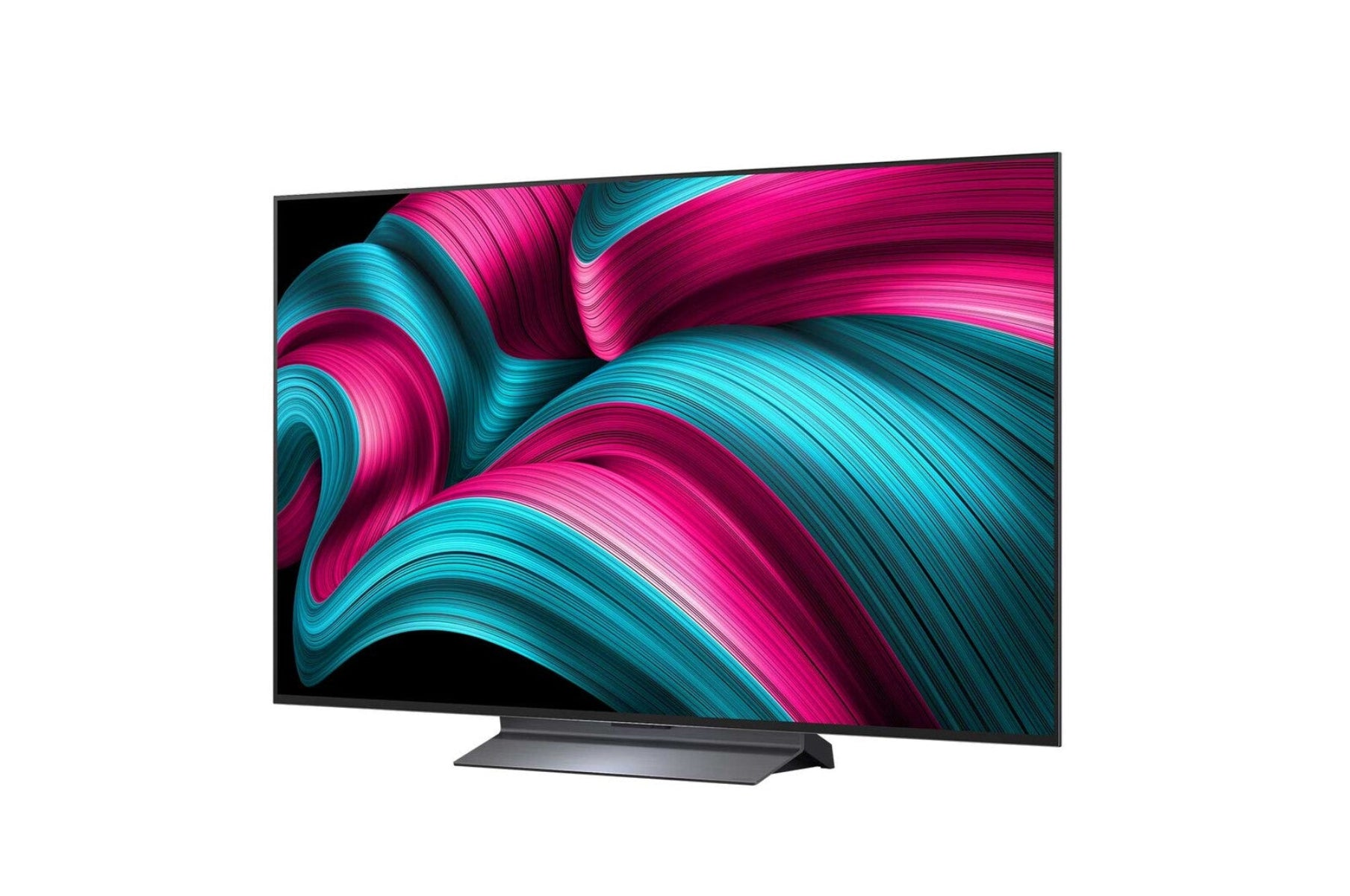A modern TV displays a vibrant, swirling pattern of pink and teal on a black background, with a silver stand.