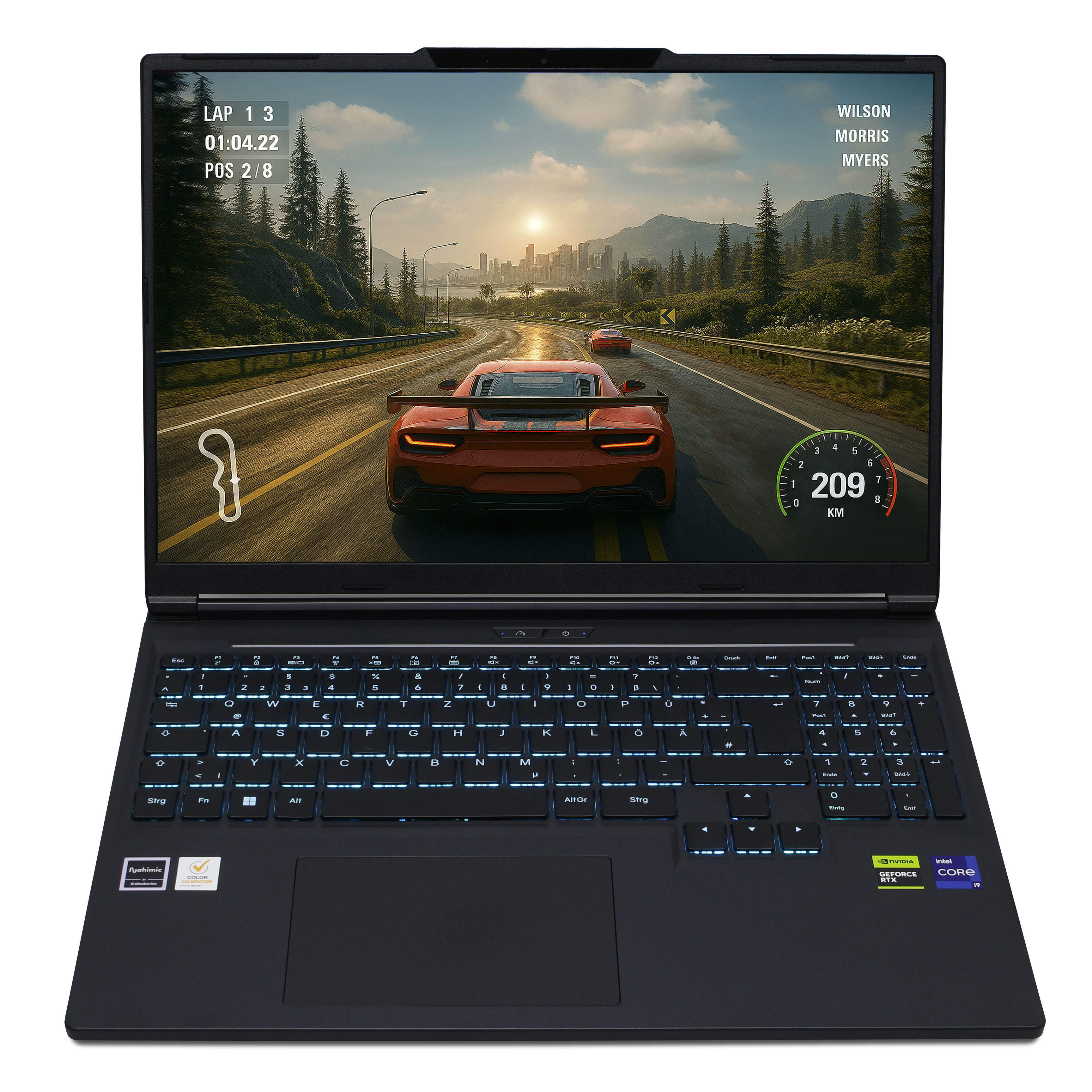 Laptop mit Rennspiel. Rotes Auto auf Strecke, Tacho, Tastatur.