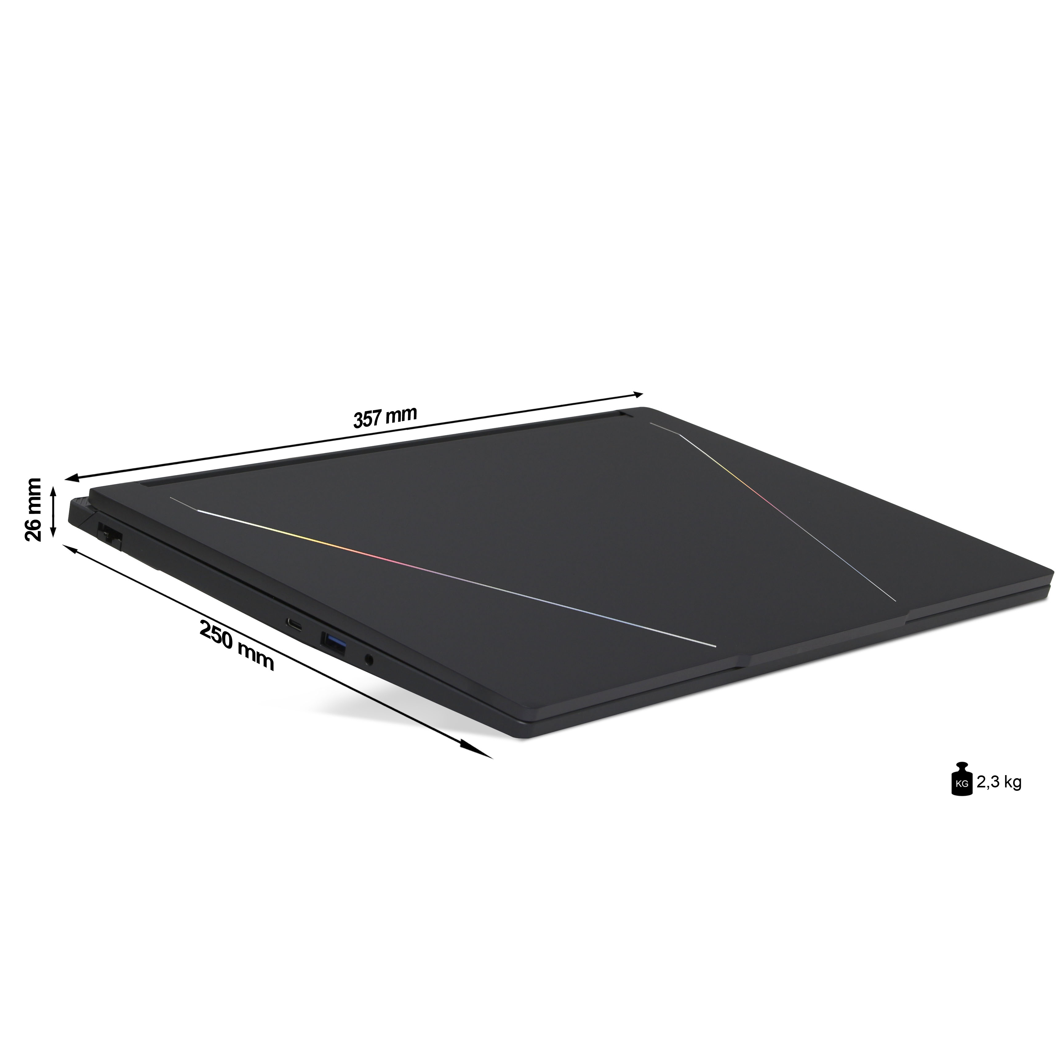 Schwarzer Laptop mit Abmessungen. Er hat farbige Linien und ein Gewicht von 2,3 kg. Der Laptop ist geschlossen.