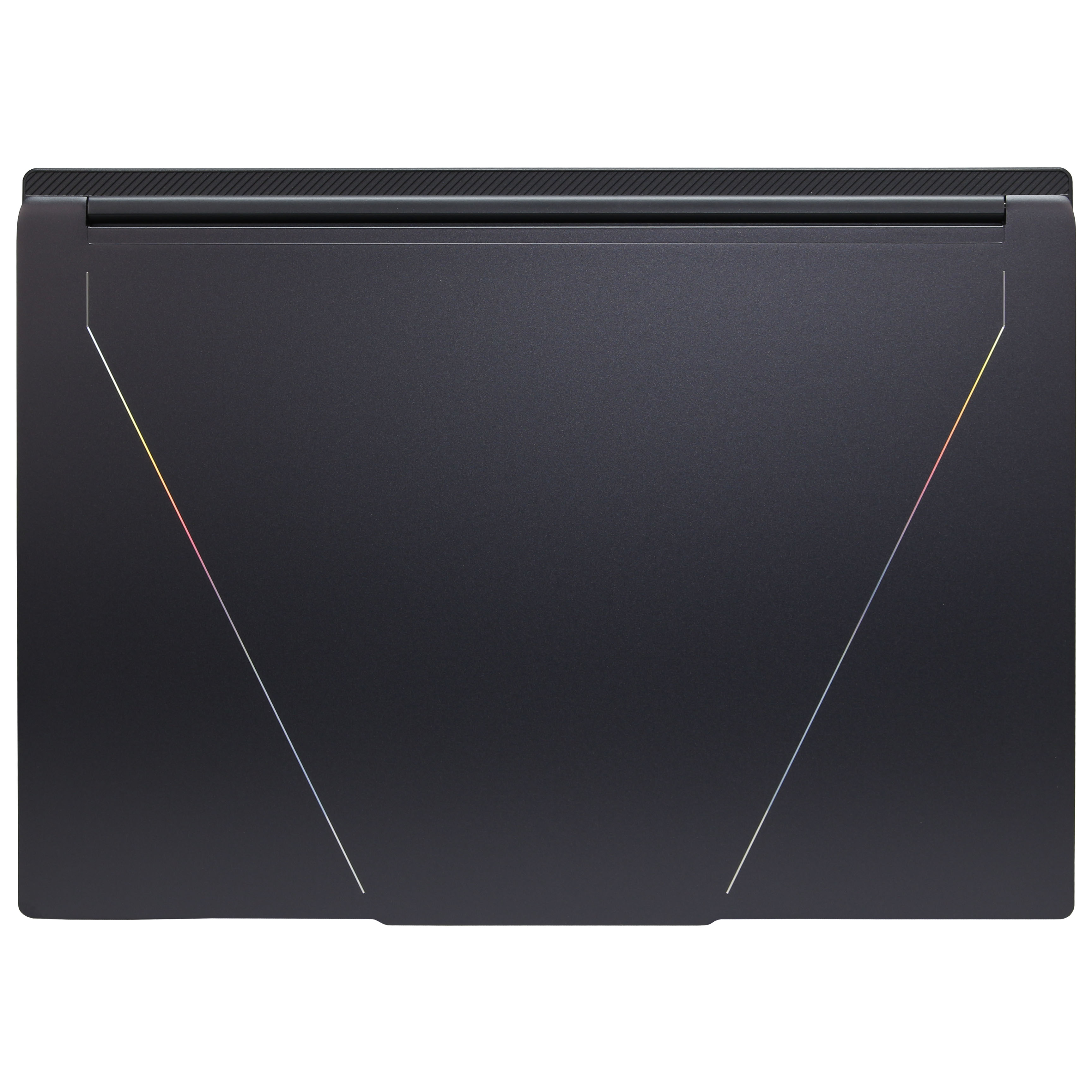 Ein dunkler Laptopdeckel. Er hat diagonale Lichtlinien und eine strukturierte Oberkante.