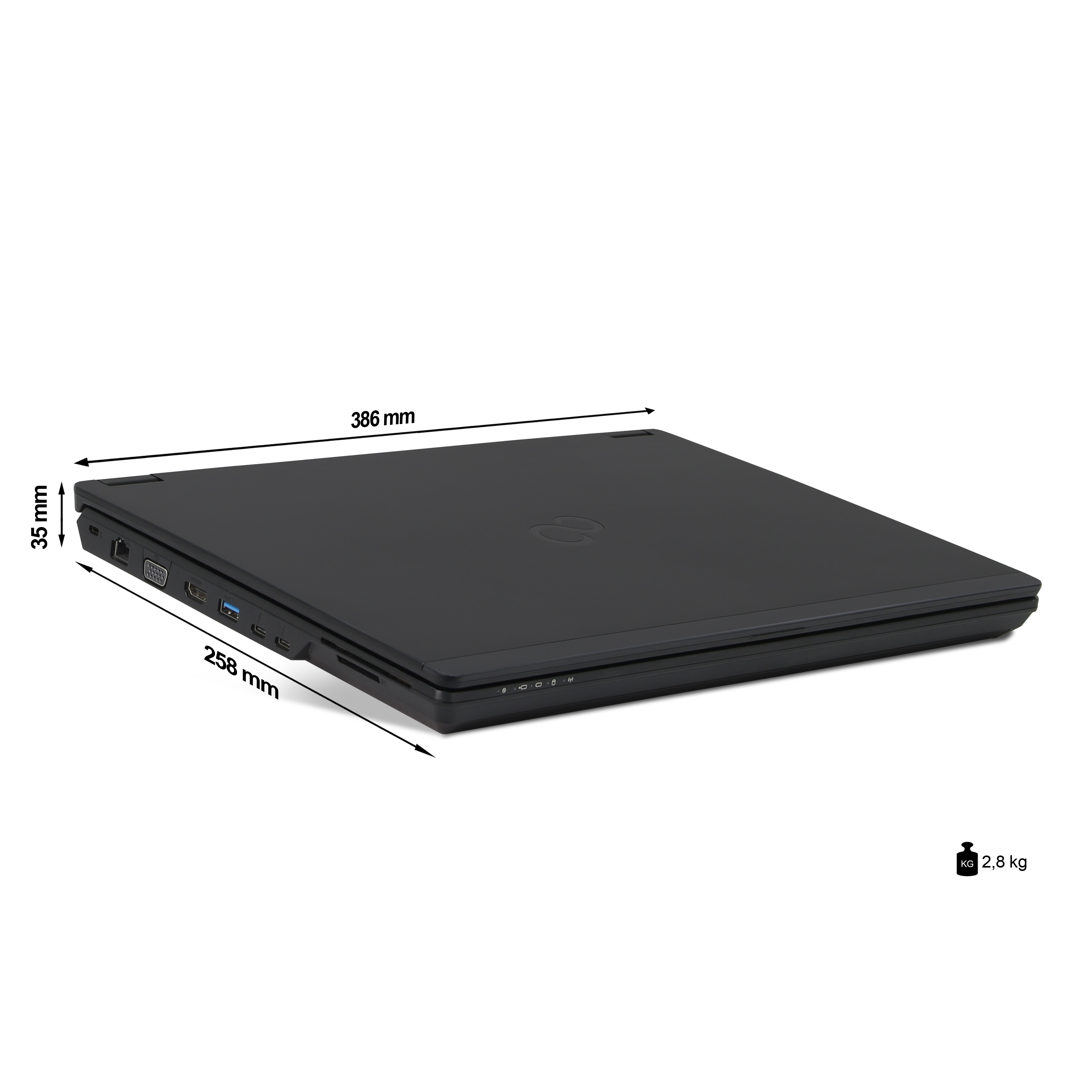 Ordinateur portable noir avec dimensions. L'ordinateur est fermé et pèse 2,8 kg.