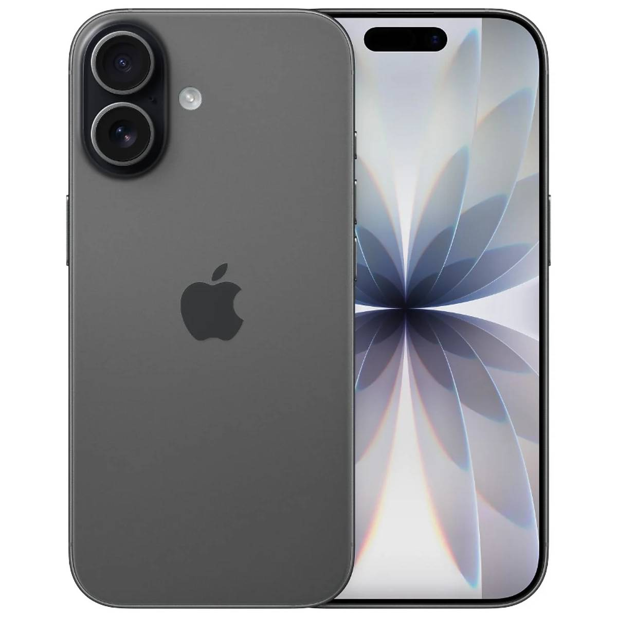 Ciemnoszary smartfon pokazuje tył z logo Apple i aparatem. Ekran wyświetla jasny, kwiatowy, abstrakcyjny wzór.