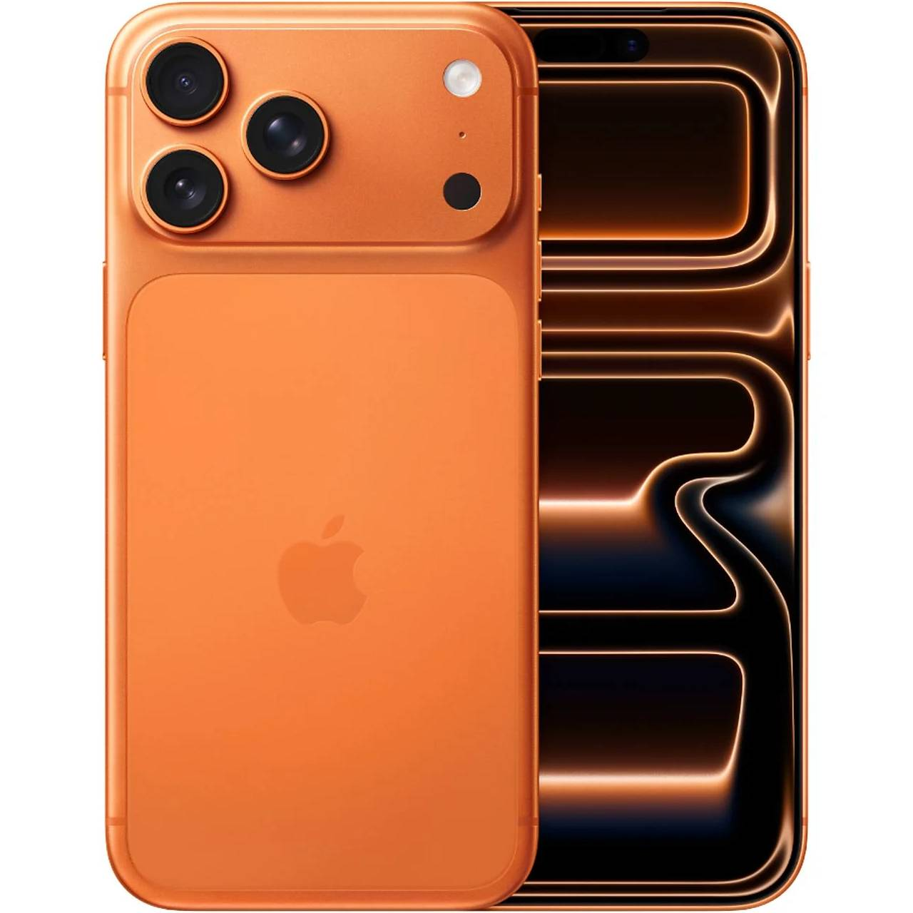 Smartphone arancione con più fotocamere posteriori e logo Apple. Lo schermo mostra un motivo luminoso. Il telefono è nuovo.