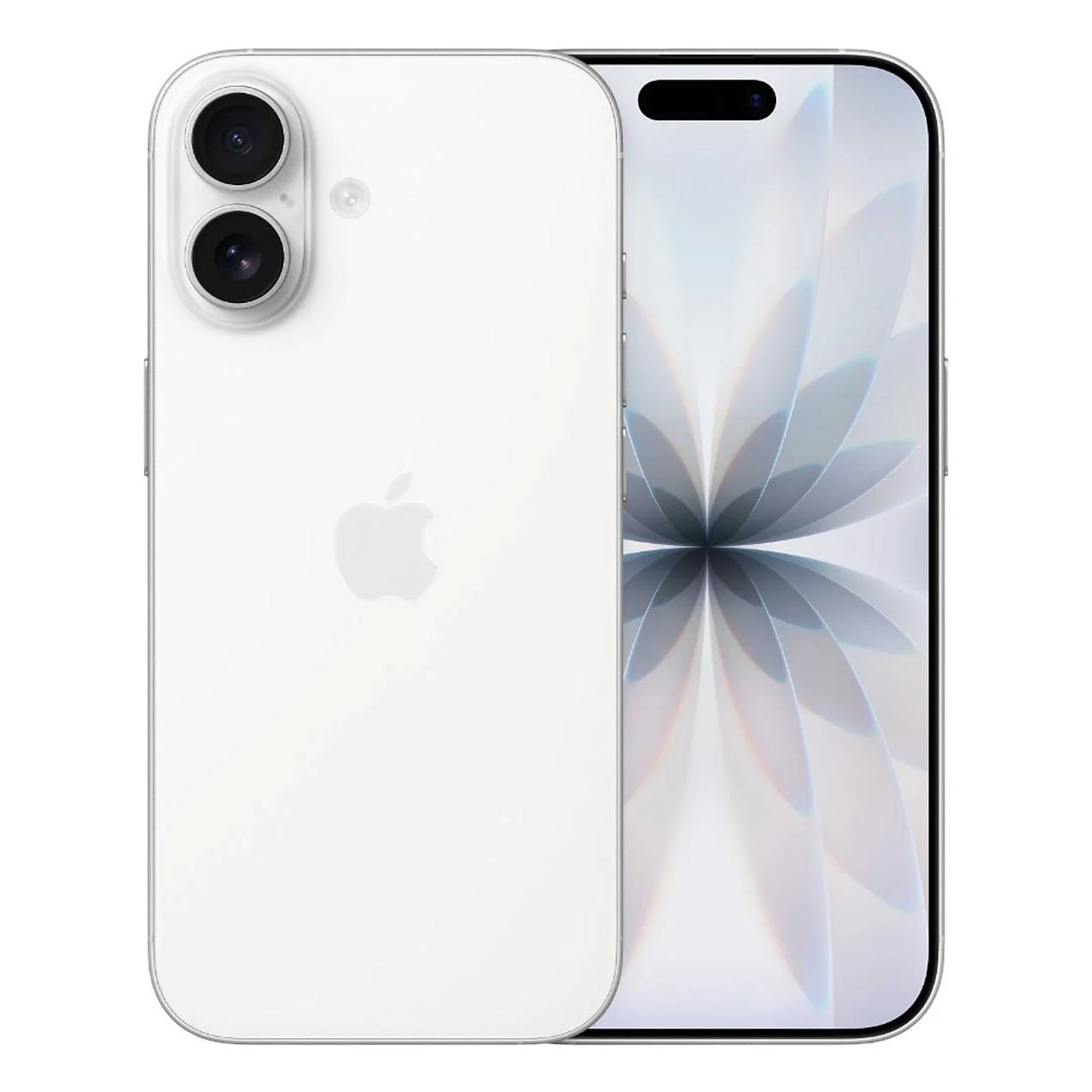 Biały iPhone z podwójnym aparatem i ekranem z abstrakcyjnym wzorem. Logo Apple widoczne z tyłu. Czarny notch u góry.
