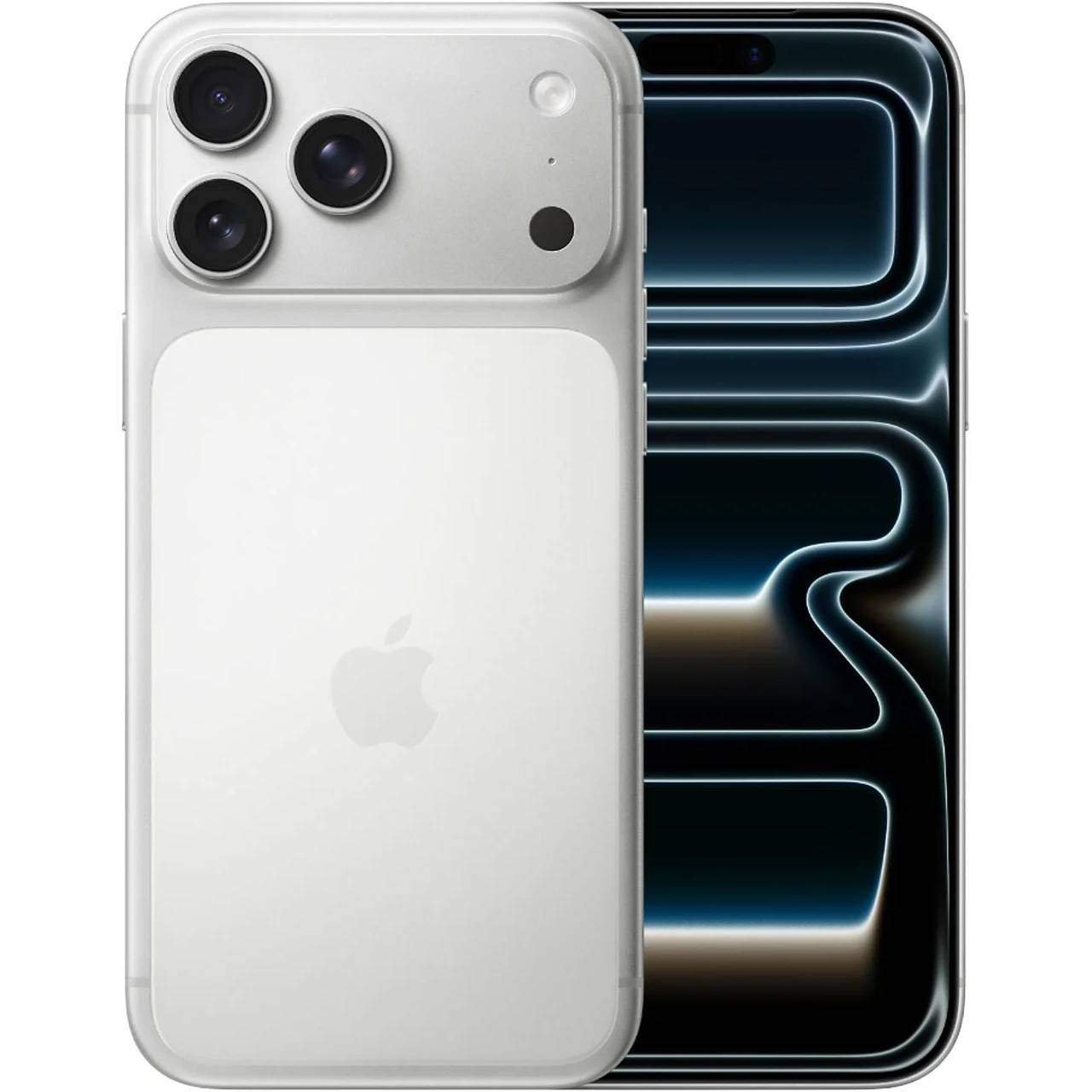 Un iPhone bianco, che mostra il retro con il logo Apple, più fotocamere e uno schermo con linee luminose.