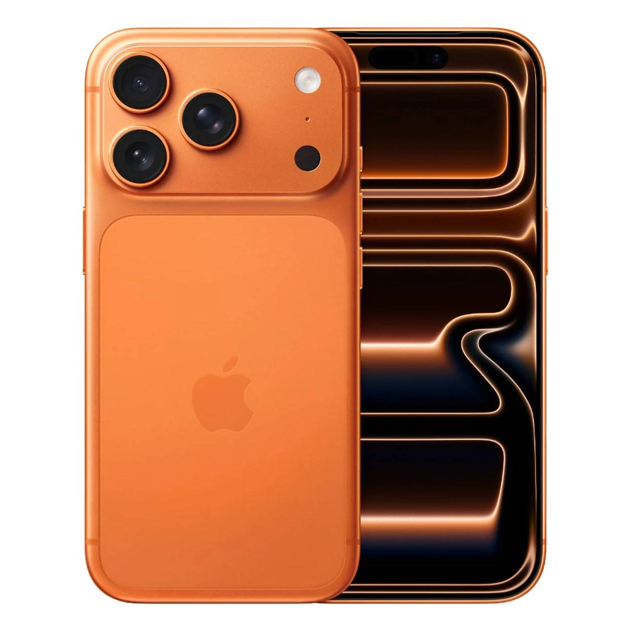 Uno smartphone arancione con più fotocamere posteriori e un logo Apple. Lo schermo mostra un design illuminato.