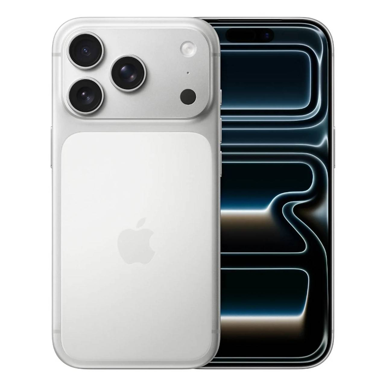 iPhone bianco con più fotocamere sul retro e schermo nero. Logo Apple visibile. Il telefono è bianco e argento.