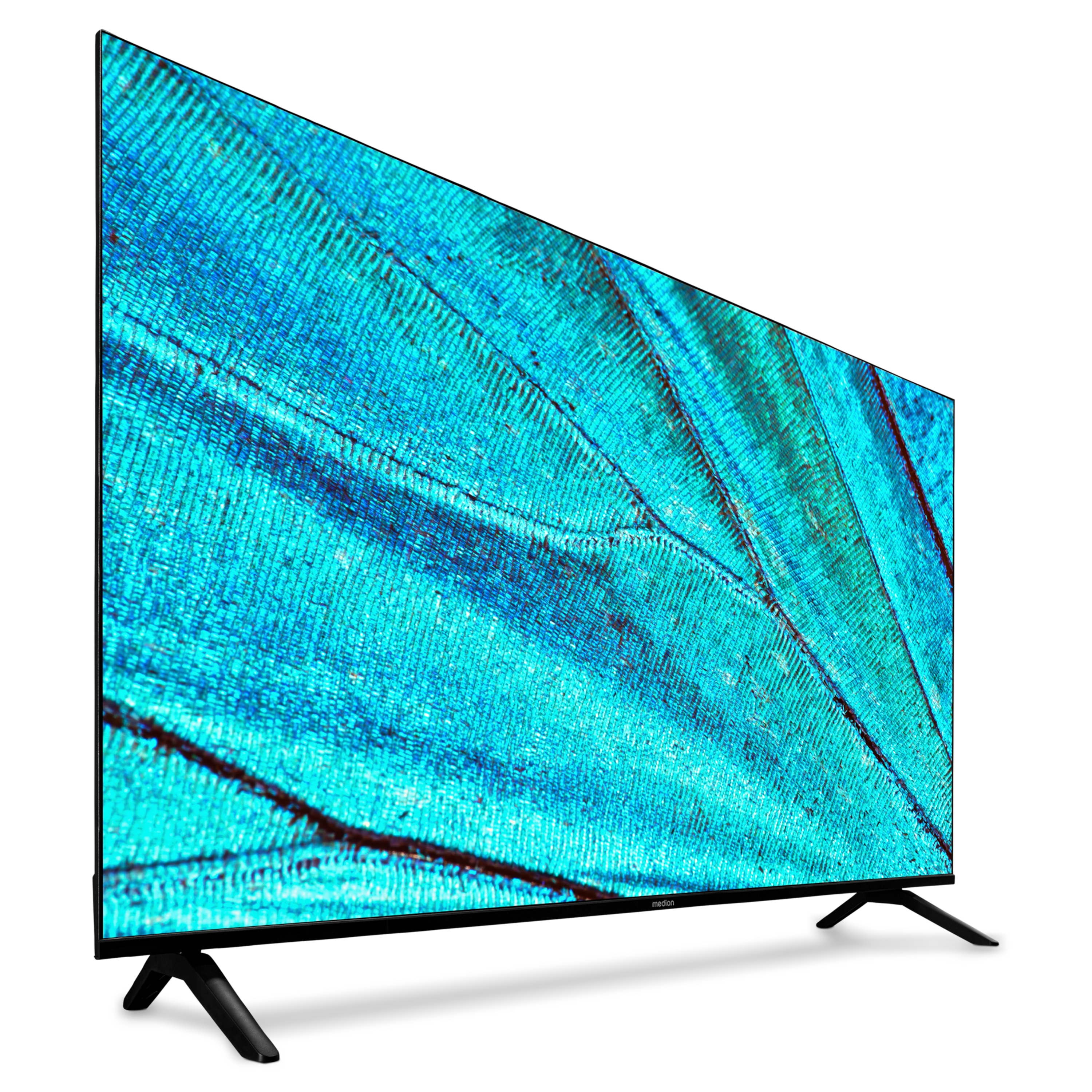 Een tv toont een blauw patroon. Het heeft zwarte poten. De achtergrond is wit.