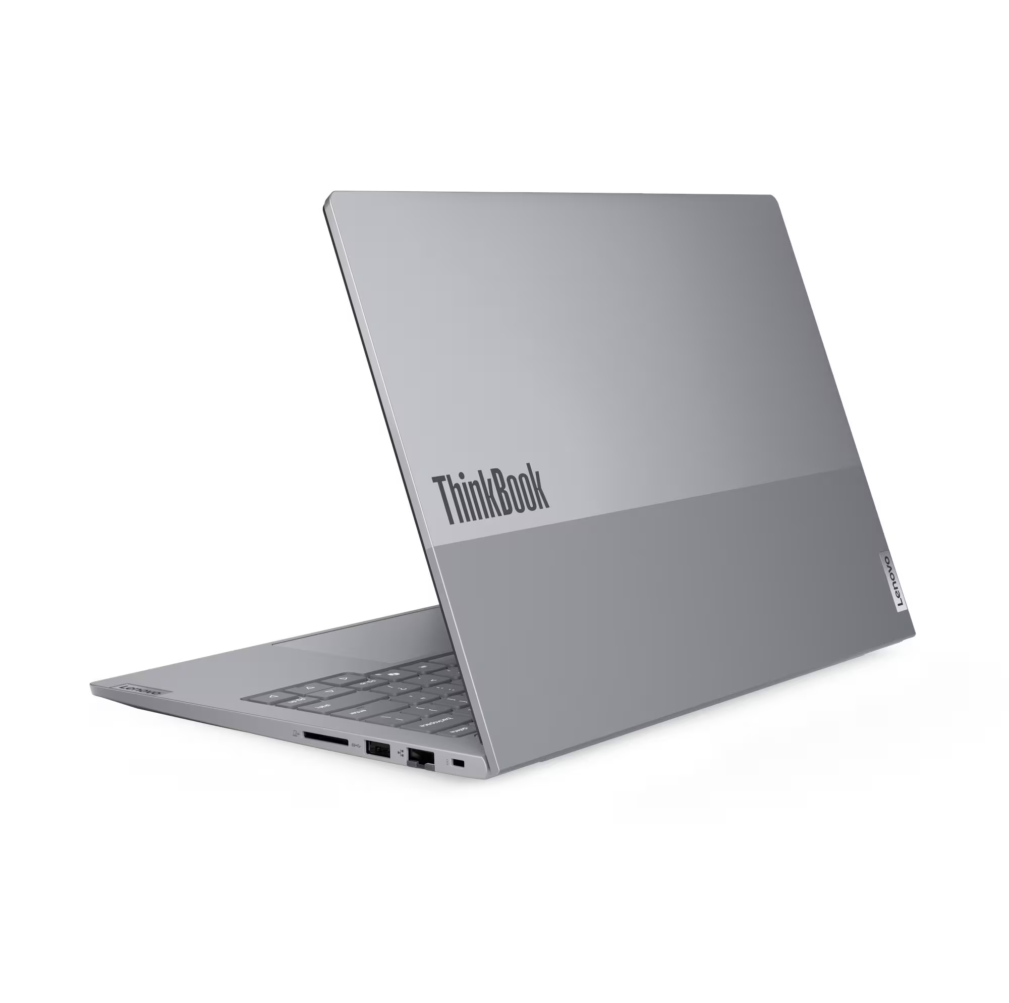 Un portátil ThinkBook gris está abierto sobre un fondo blanco. El logotipo de Lenovo es visible.