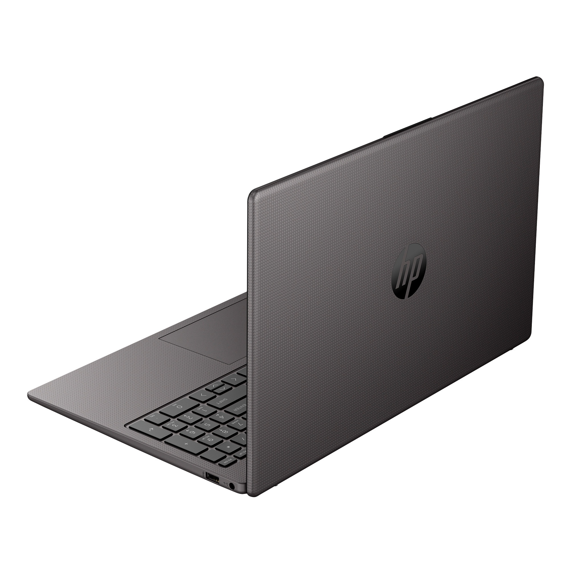 Un portátil HP gris oscuro, abierto en ángulo, sobre fondo blanco. El logotipo de HP es visible.