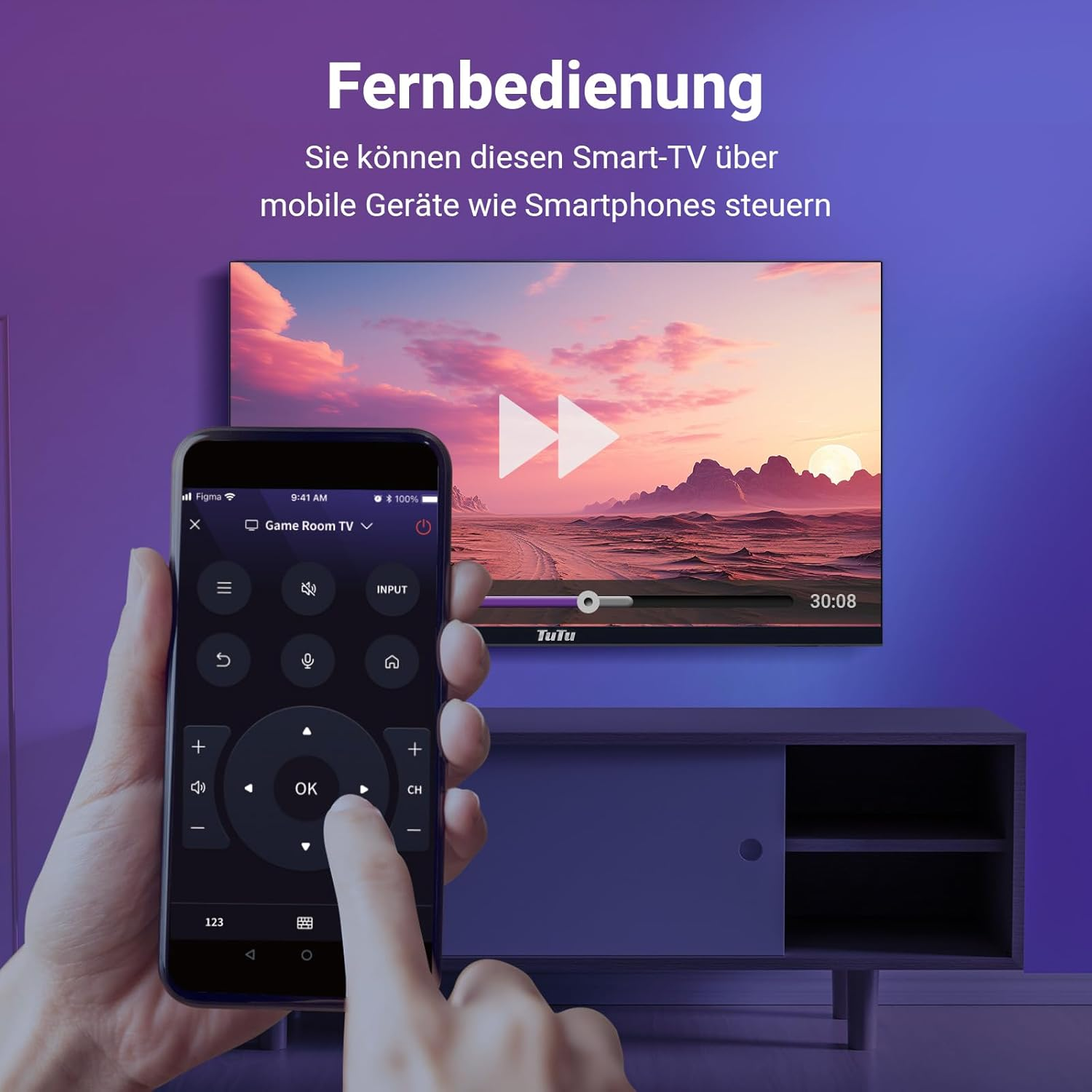 Eine Hand hält ein Smartphone, das einen Fernseher steuert. Der Fernseher zeigt ein Video. Text: 'Fernbedienung', 'Game Room TV'.