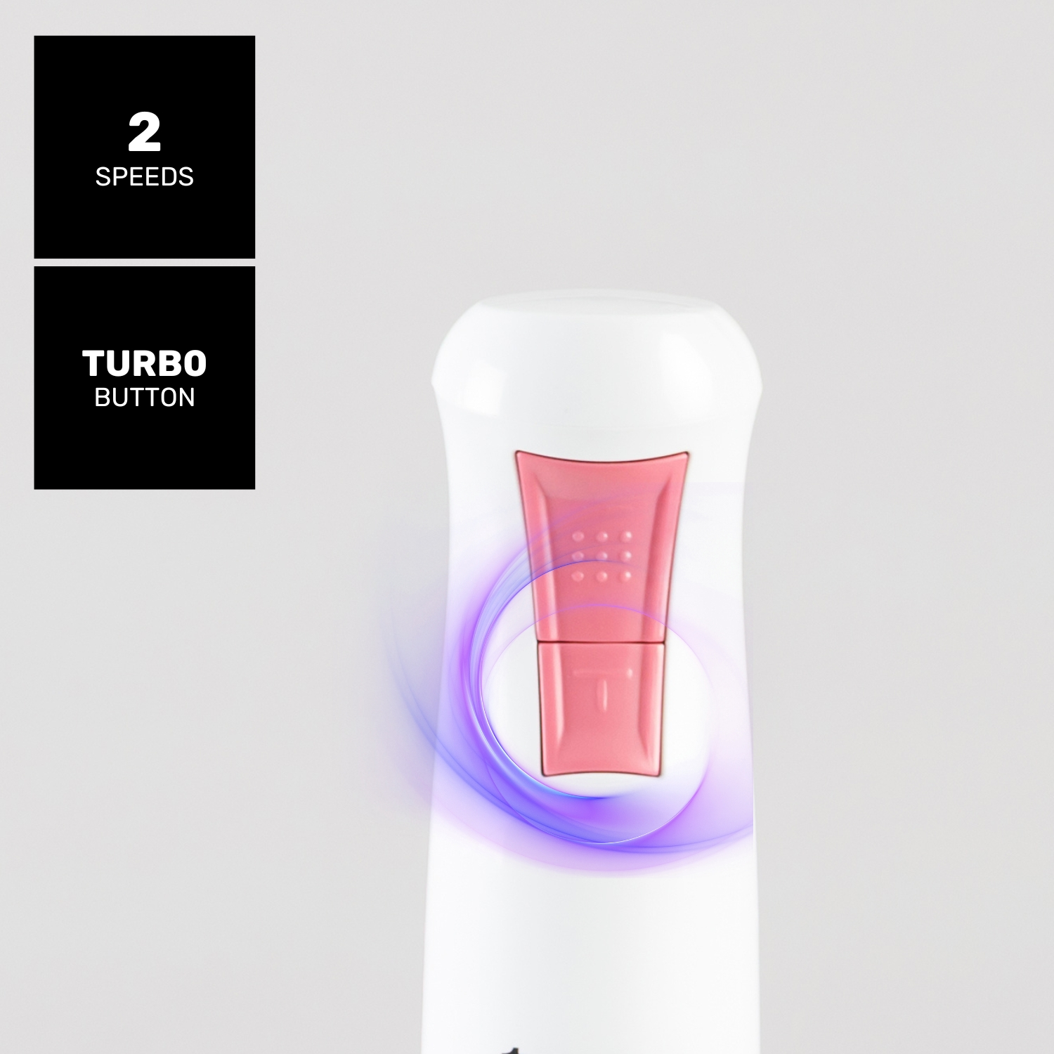 Un dispositivo bianco con un pulsante rosa e testo, '2 velocità' e 'Pulsante Turbo'. Turbine viola e blu circondano il pulsante rosa.