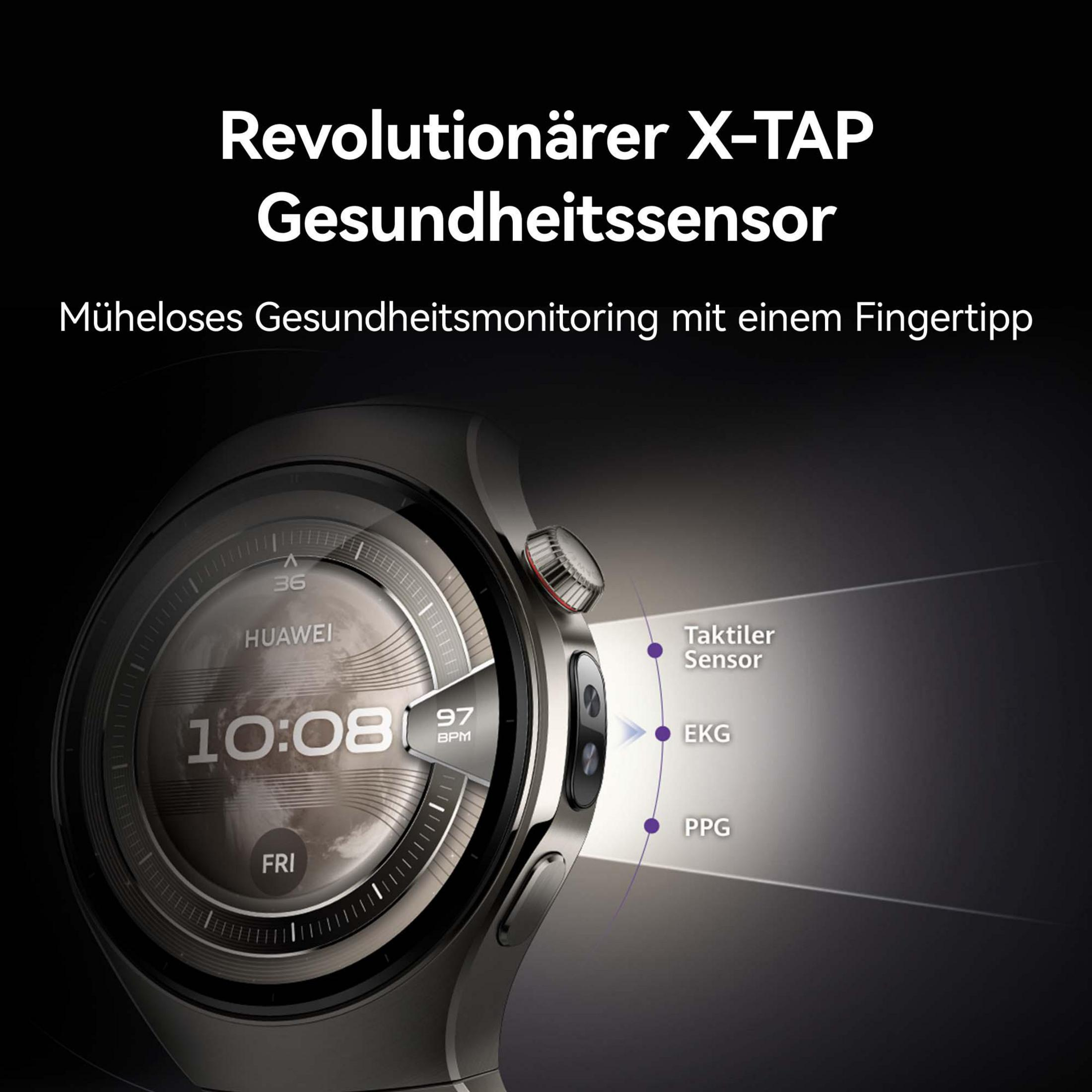 Eine Smartwatch zeigt Zeit, Herzfrequenz und Gesundheitsmetriken an. Text lautet: 'Revolutionärer X-TAP Gesundheitssensor'.
