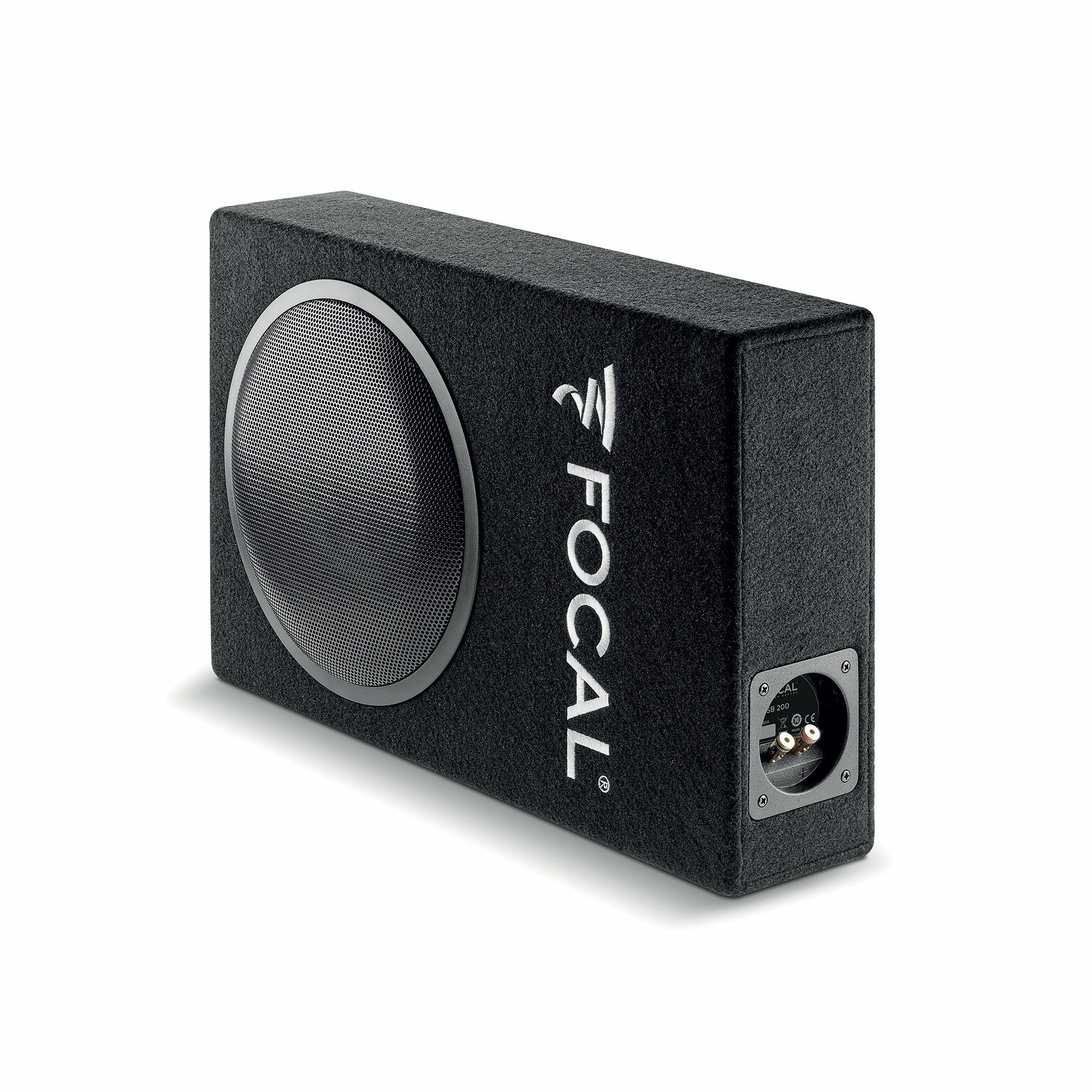 Schwarzer Subwoofer mit silberner Einfassung und Mesh-Lautsprecherabdeckung. Der Markenname 'FOCAL' ist sichtbar.