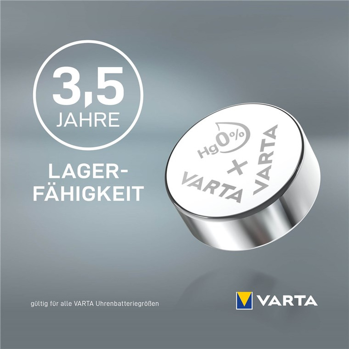Pila per orologio Varta con 'Hg 0%' e 'VARTA'. Un cerchio mostra '3,5 Jahre Lagerfähigkeit'. Il logo Varta è in basso.