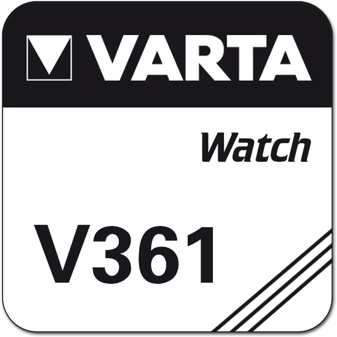 Un'etichetta della batteria VARTA Watch. Il logo VARTA è in alto, e 'Watch' e 'V361' sotto. Linee diagonali in basso a destra.