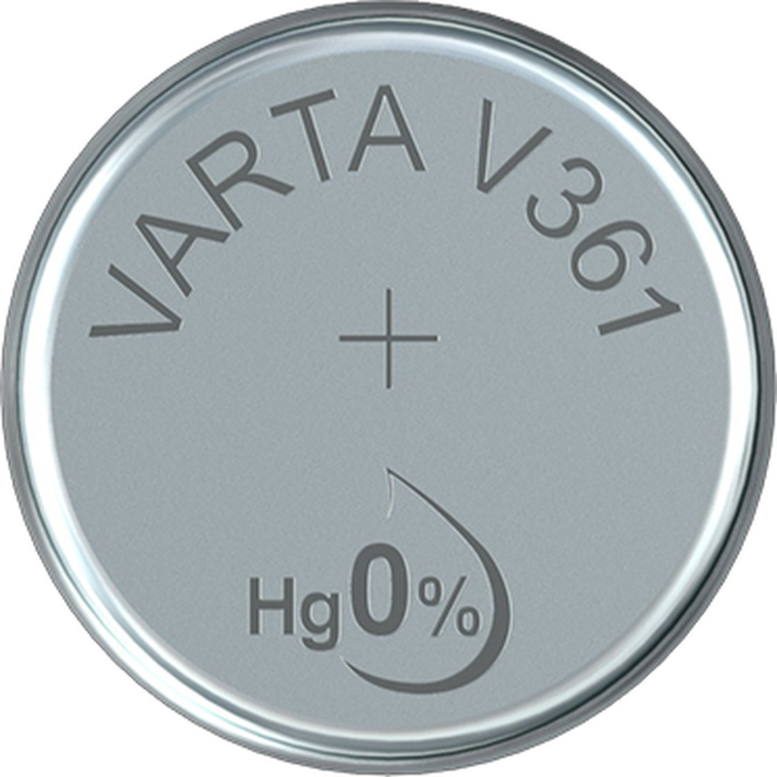 Una pila a bottone Varta V361. È argentata con testo nero: VARTA, V361, un segno più e il simbolo Hg 0%.