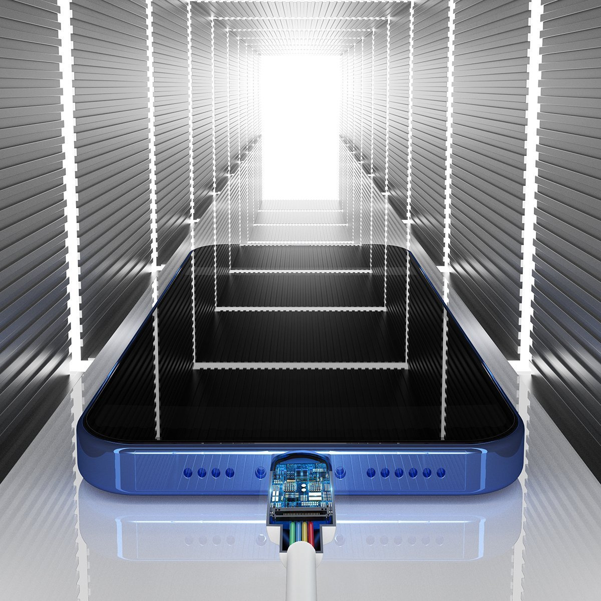 Niebieski telefon jest podłączony do kabla z płytką drukowaną. Telefon znajduje się w tunelowej strukturze z jasnym światłem na końcu.