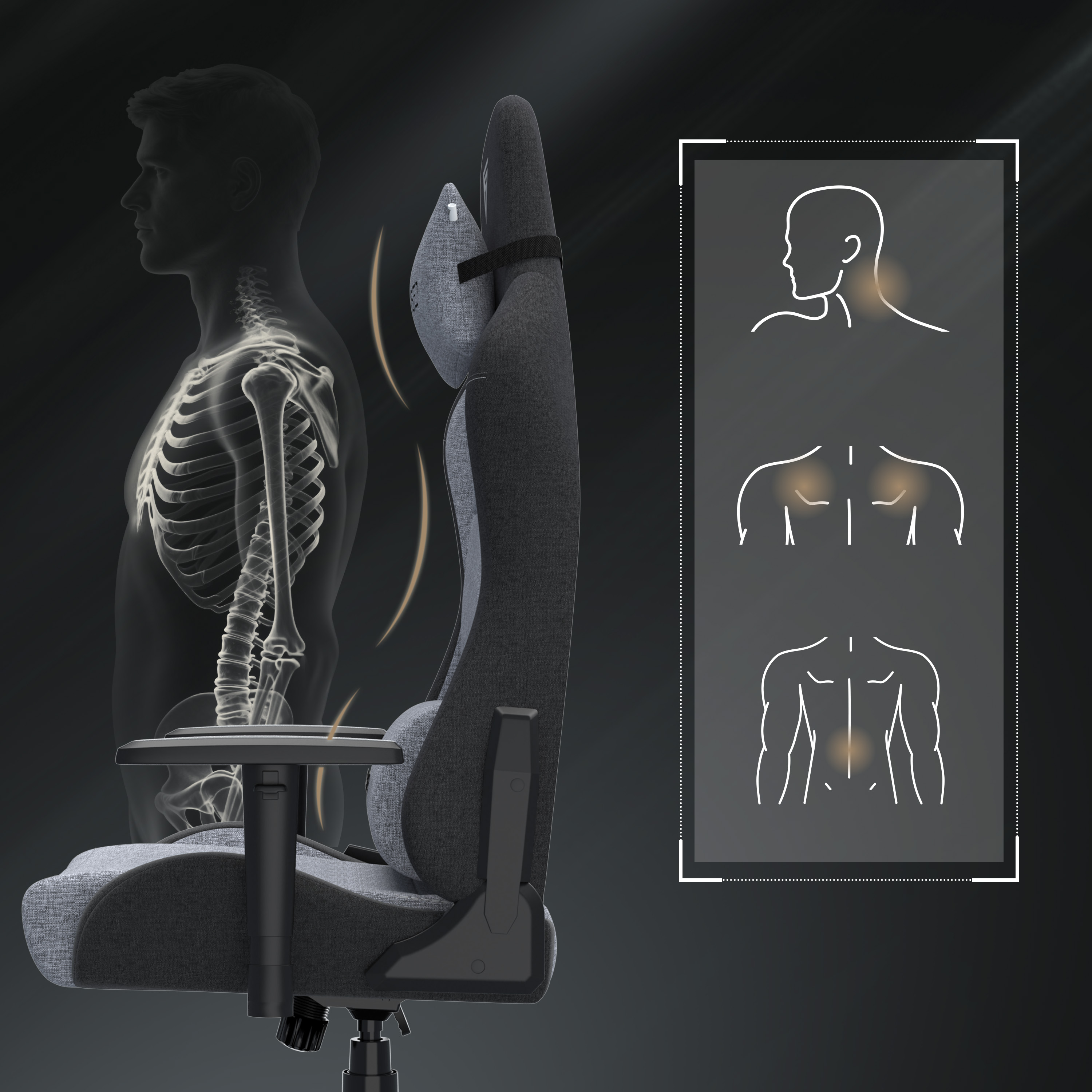 Anatomie van een persoon in een gamingstoel. Hoogtepunten op nek, schouders en onderrug. Stoel is grijs en zwart.