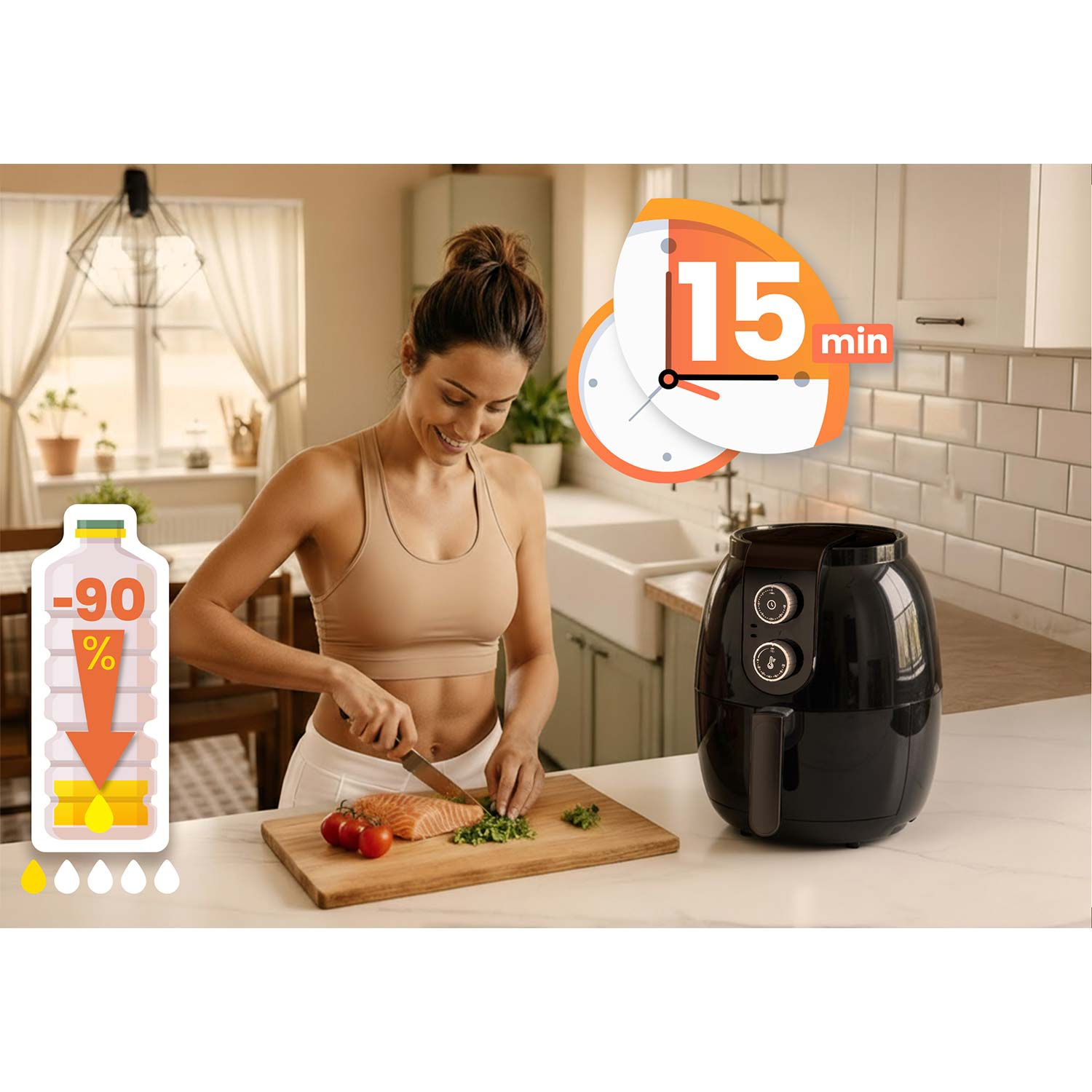 Kobieta kroi łososia na drewnianej desce z pomidorami. Widoczna jest frytkownica powietrzna i timer. Grafika butelki pokazuje -90% oleju.