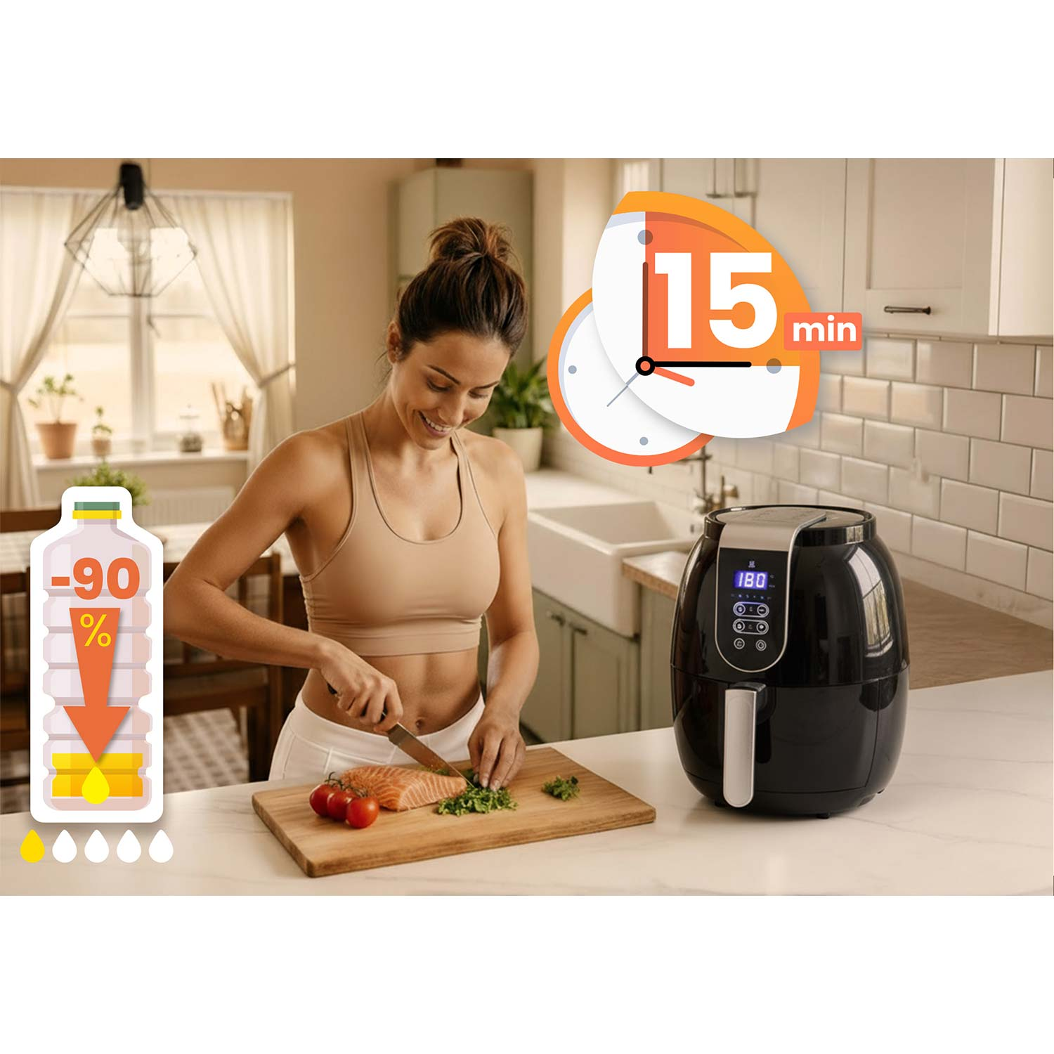 Kobieta w kuchni kroi łososia. Widoczna frytownica i grafika butelki oleju. Zegar pokazuje 15 minut.