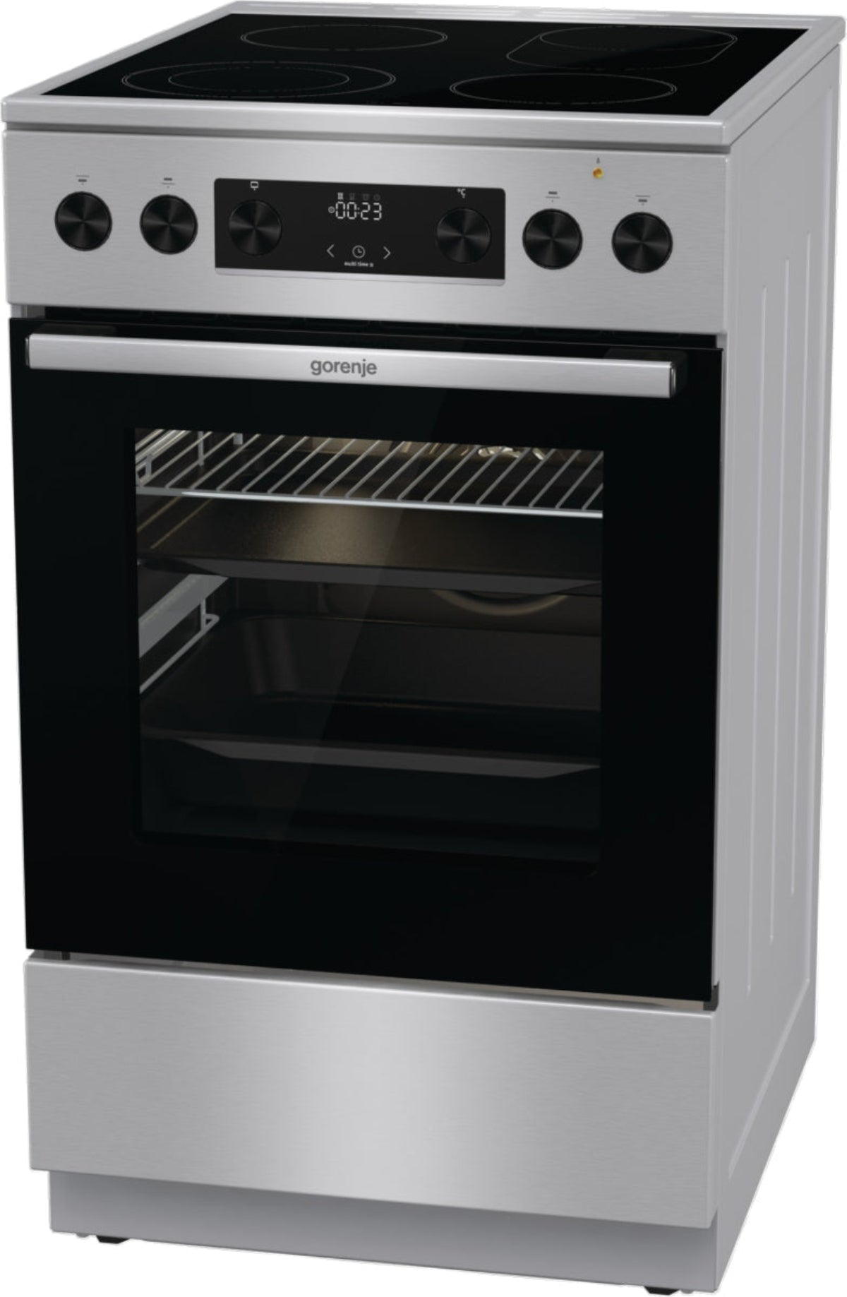 Silberner Gorenje-Elektrobackofen mit schwarzer Glastür. Er hat eine Digitalanzeige und vier Kochfelder oben.