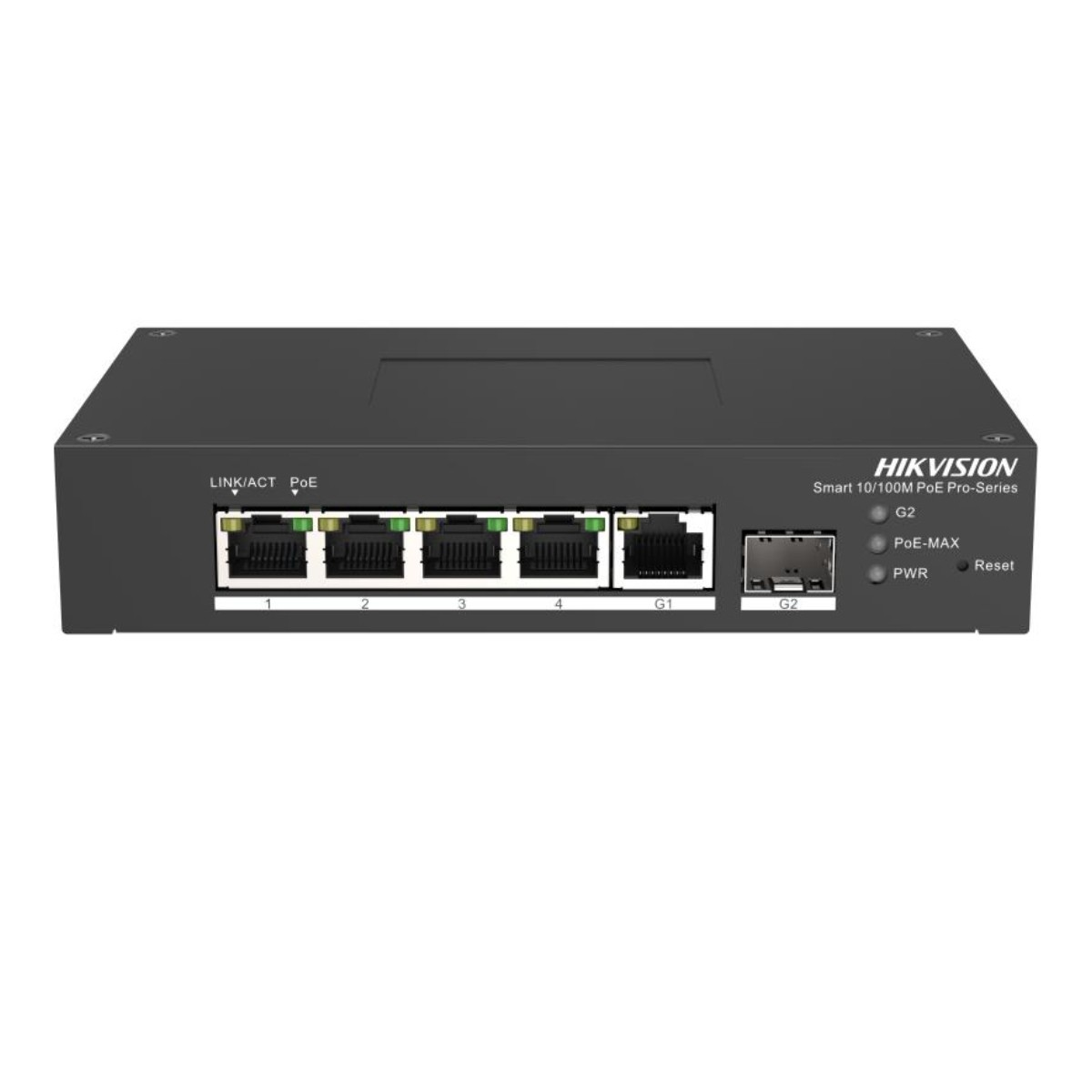 Czarny przełącznik sieciowy HIKVISION z wieloma portami oznaczonymi 1-4, G1 i G2. Wskaźniki to Link/Act, PoE, PWR i Reset.